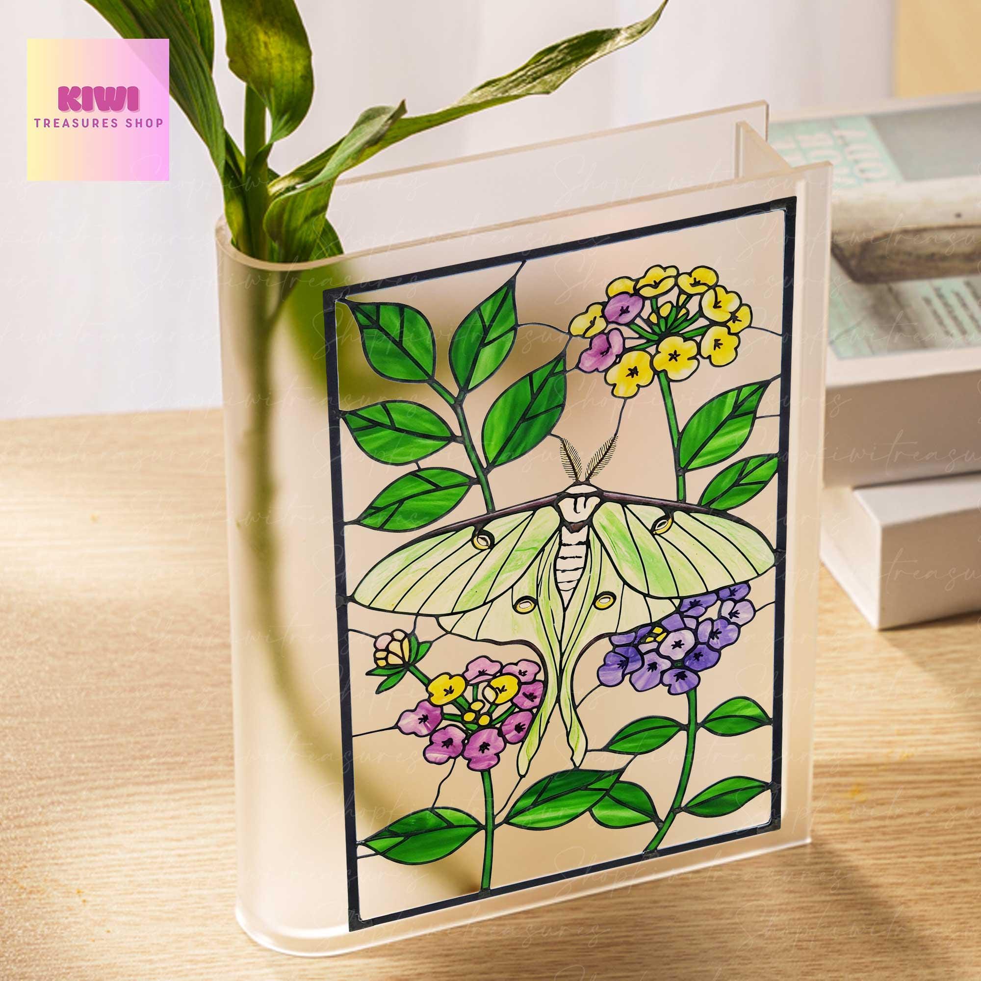 Luna Moth Acrylic Book Vase – Frosted Transparent Vase Gift for Mom, Grandma, Teachers – Bookworm & Nature Lover Decor- Gardening Bookish