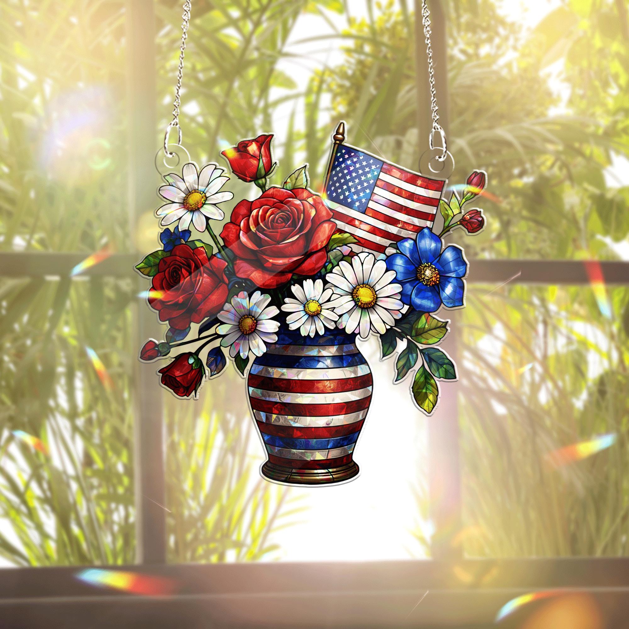 Patriotic Flower Vase Acrylic Window Hanging | 4th of July Red White Blue Suncatcher | American Flag Summer Home Window Decor