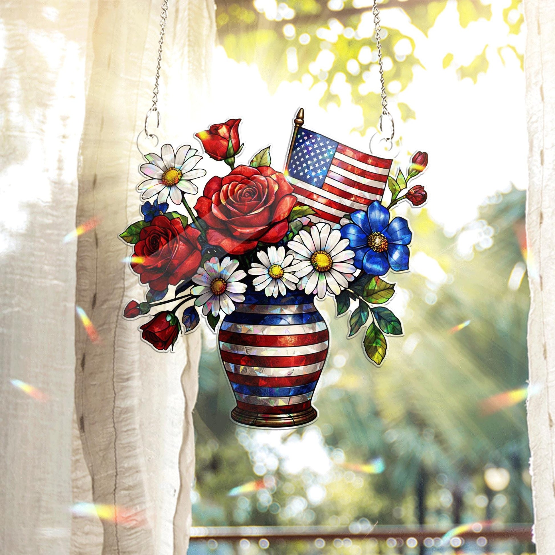 Patriotic Flower Vase Acrylic Window Hanging | 4th of July Red White Blue Suncatcher | American Flag Summer Home Window Decor