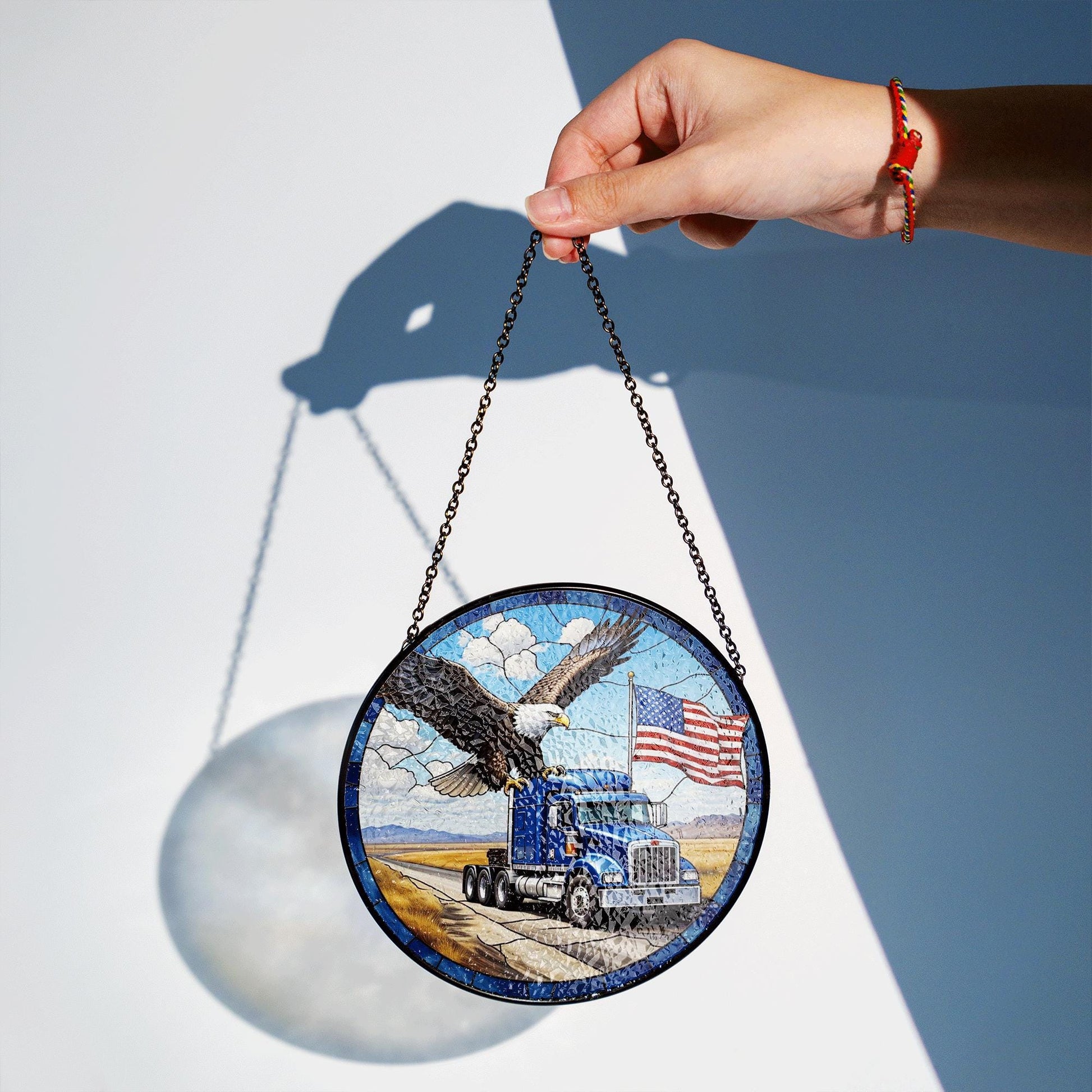 Patriotic Truck Glass Suncatcher with Bald Eagle & American Flag | 4th of July Window Decor | Independence Day Gift for Truckers, Dads