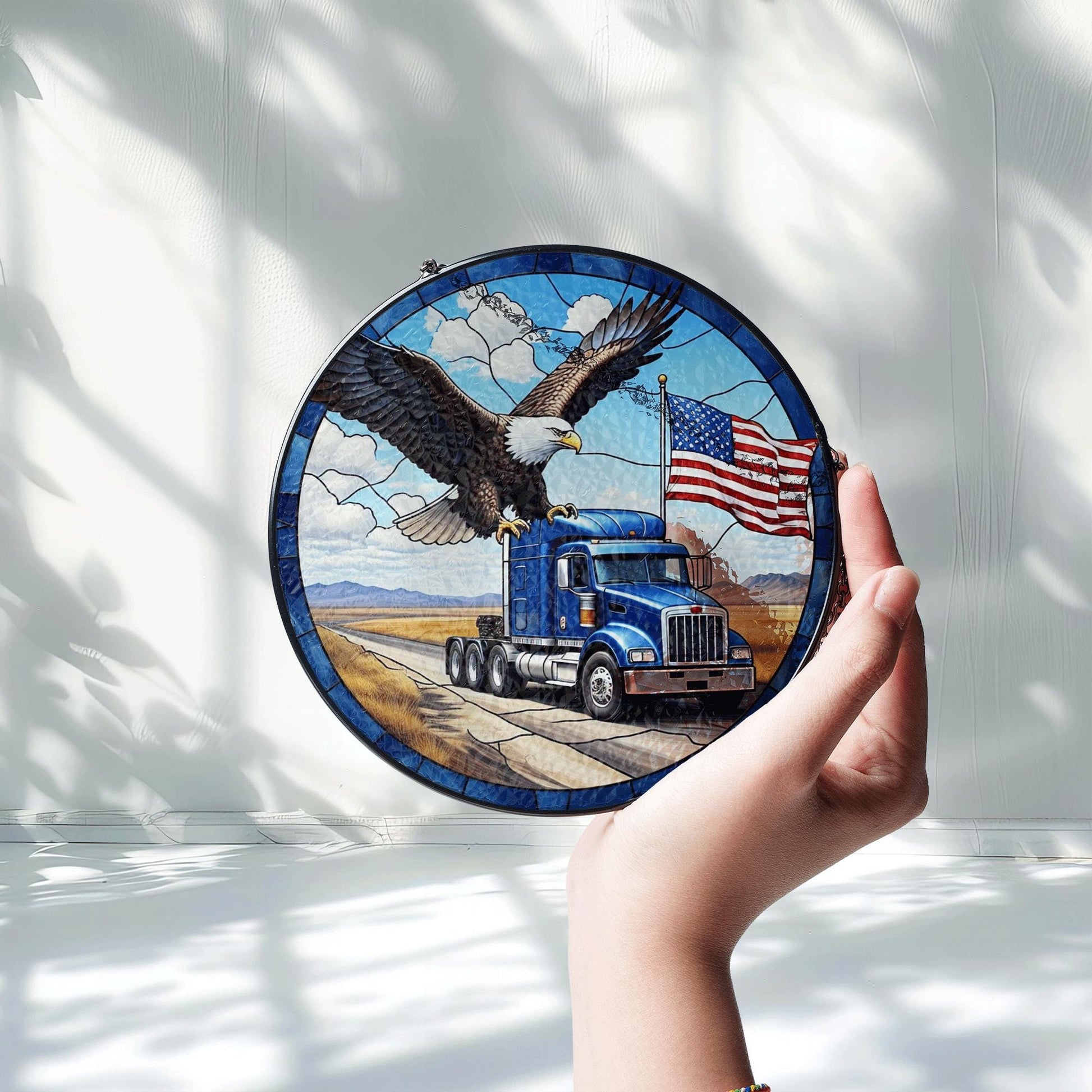 Patriotic Truck Glass Suncatcher with Bald Eagle & American Flag | 4th of July Window Decor | Independence Day Gift for Truckers, Dads