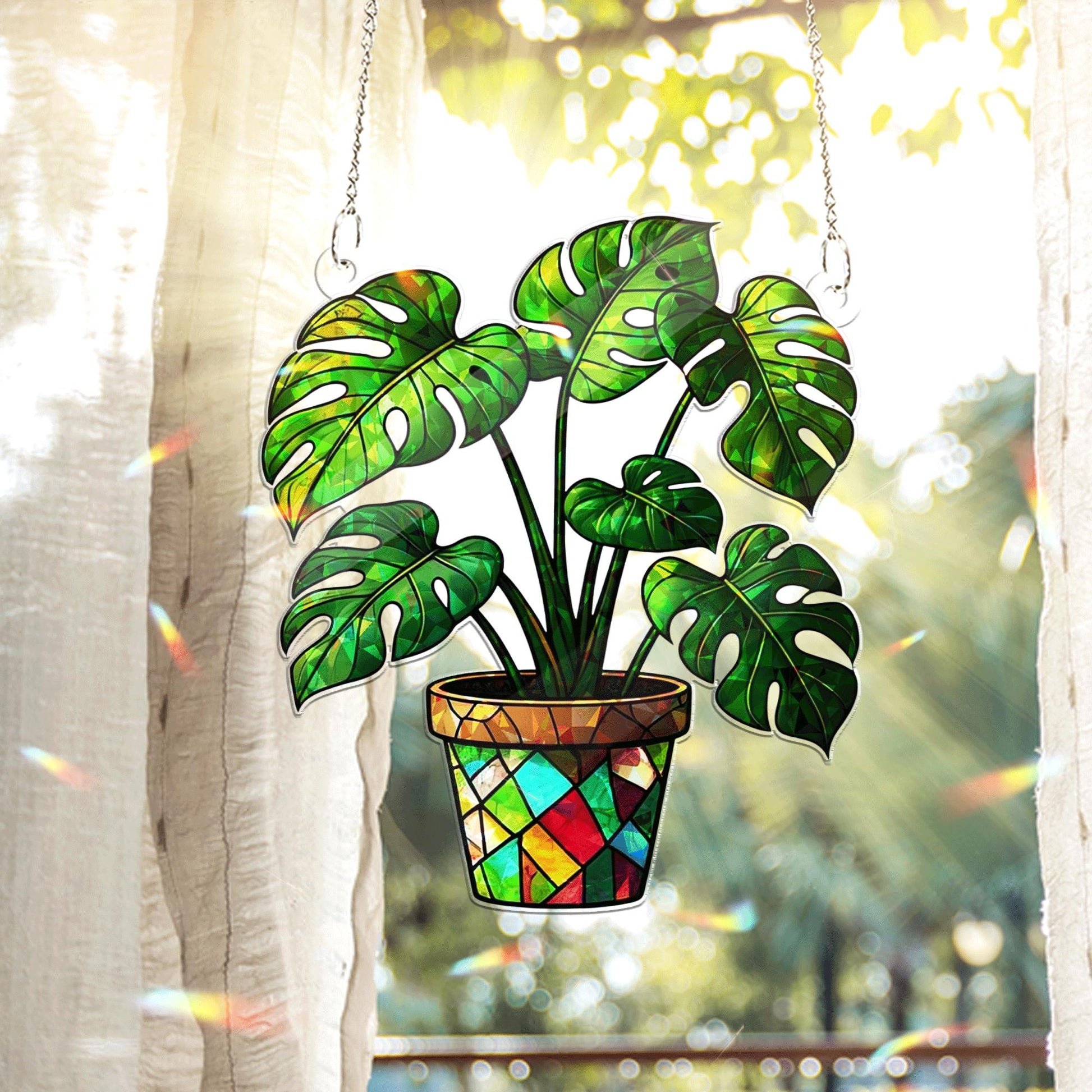 Monstera Plant Acrylic Window Hanging | Stained Glass Style Suncatcher for Plant Lovers | Botanical Sun Catcher Home Window Decor