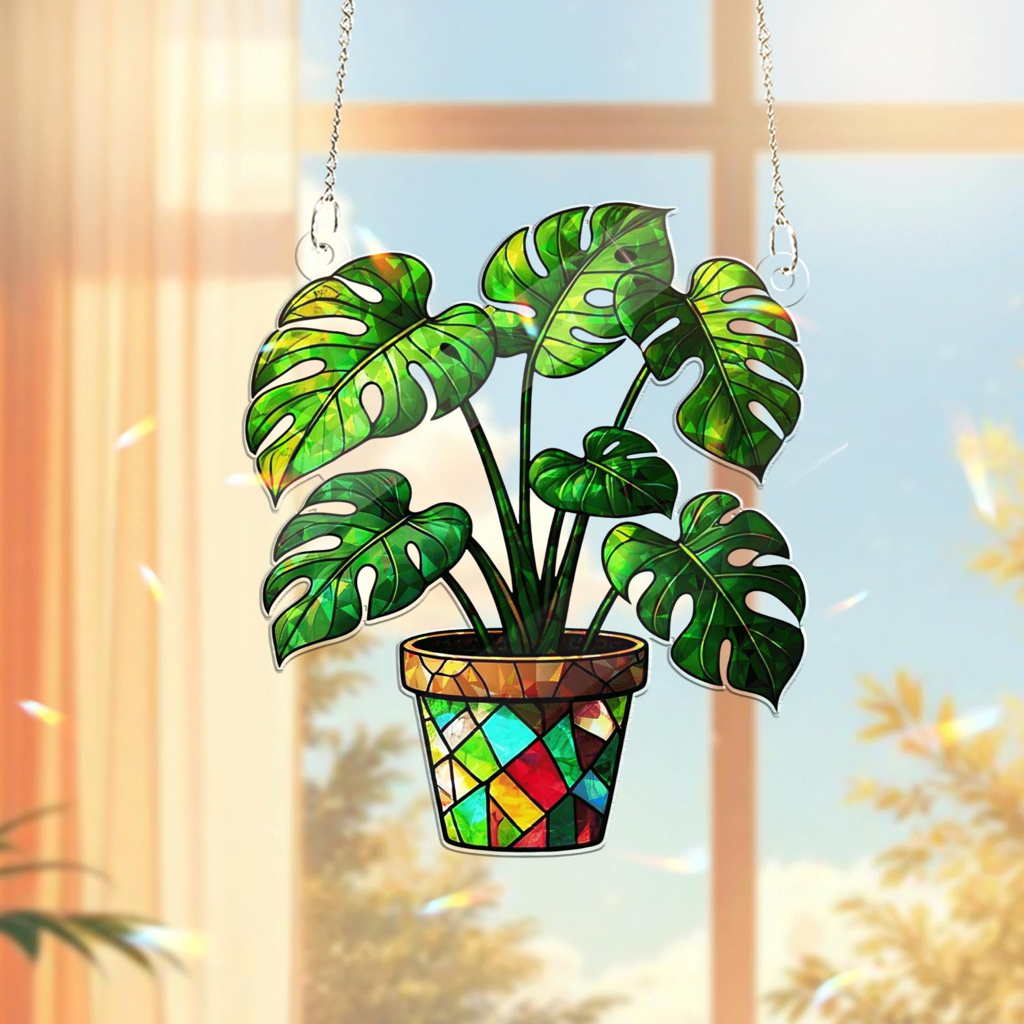 Monstera Plant Acrylic Window Hanging | Stained Glass Style Suncatcher for Plant Lovers | Botanical Sun Catcher Home Window Decor