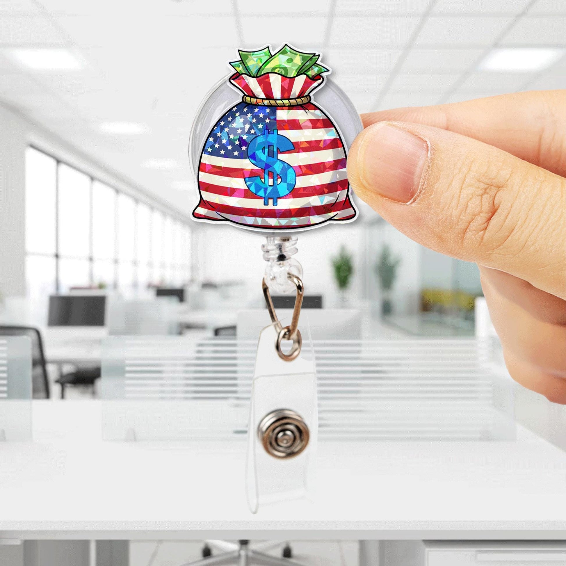 Patriotic Money Bag Badge Reel | USA Dollar Sign Retractable ID Holder | Funny Office Nurse Work Accessory | 4th of July Gift Idea