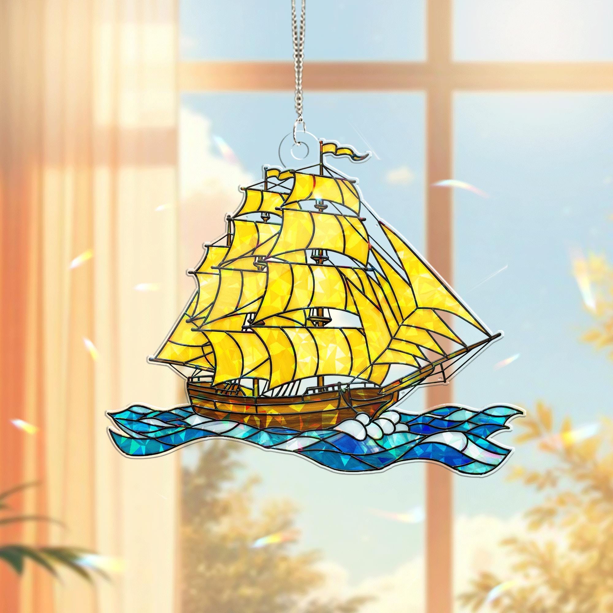 Summer Sailboat Acrylic Window Hanging | Nautical Stained Glass Style Sun Catcher Decor | Ocean Ship Gift for Beach Lover