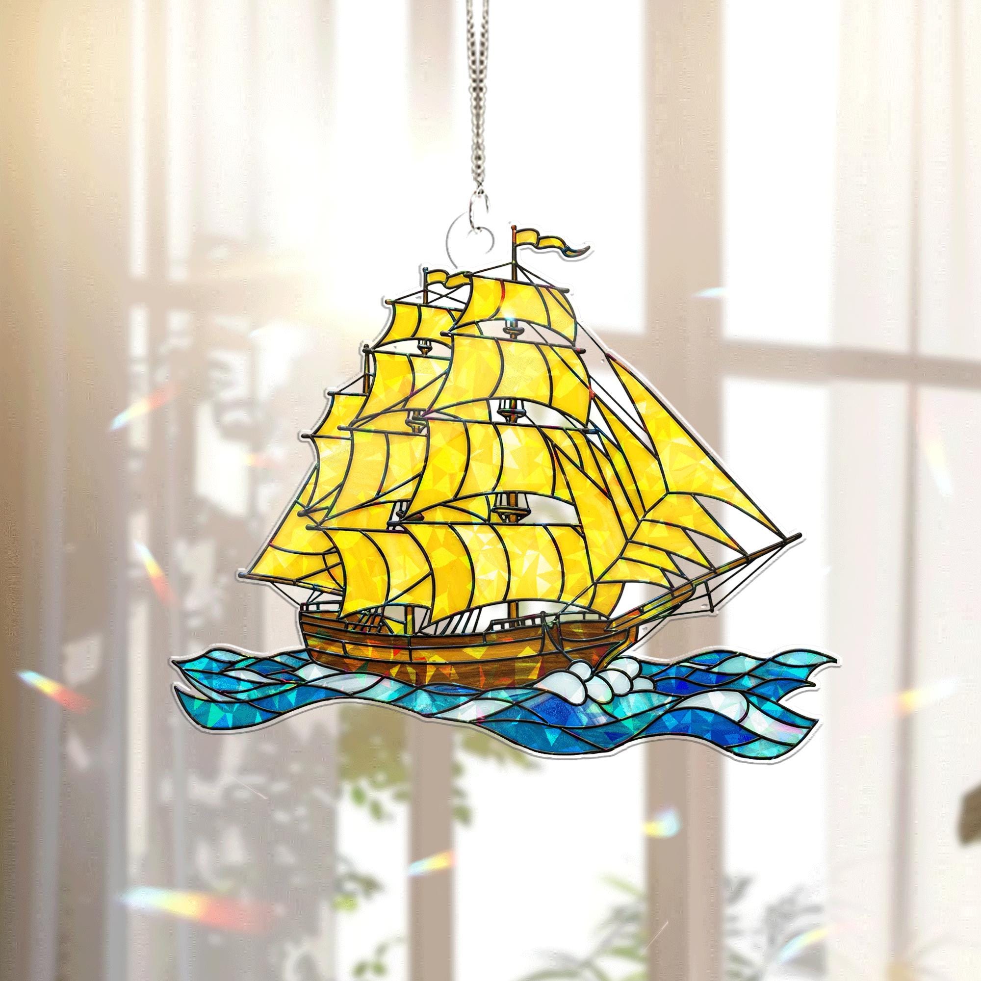 Summer Sailboat Acrylic Window Hanging | Nautical Stained Glass Style Sun Catcher Decor | Ocean Ship Gift for Beach Lover