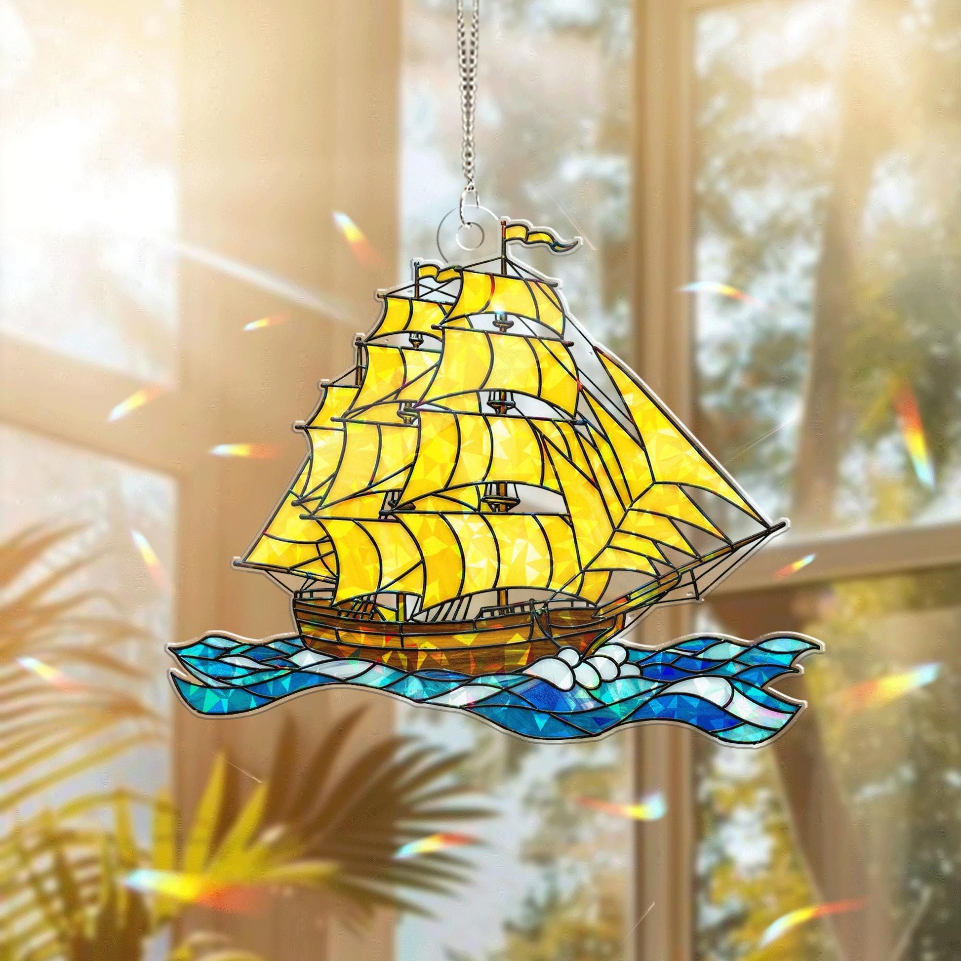 Summer Sailboat Acrylic Window Hanging | Nautical Stained Glass Style Sun Catcher Decor | Ocean Ship Gift for Beach Lover