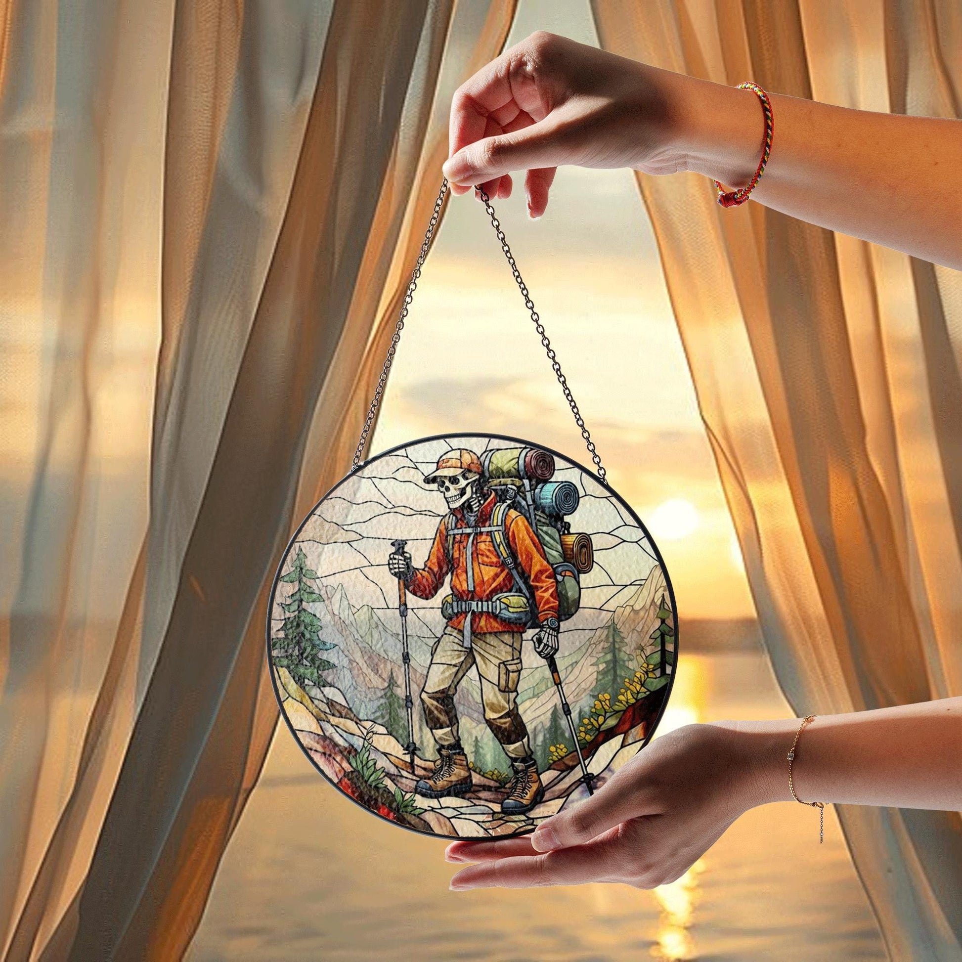 Hiking Skeleton Glass Suncatcher | Father's Day Outdoor Gift | Stained Glass Camper Window Decor | Unique Gift for Adventurer Dad