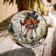 Hiking Skeleton Glass Suncatcher | Father's Day Outdoor Gift | Stained Glass Camper Window Decor | Unique Gift for Adventurer Dad
