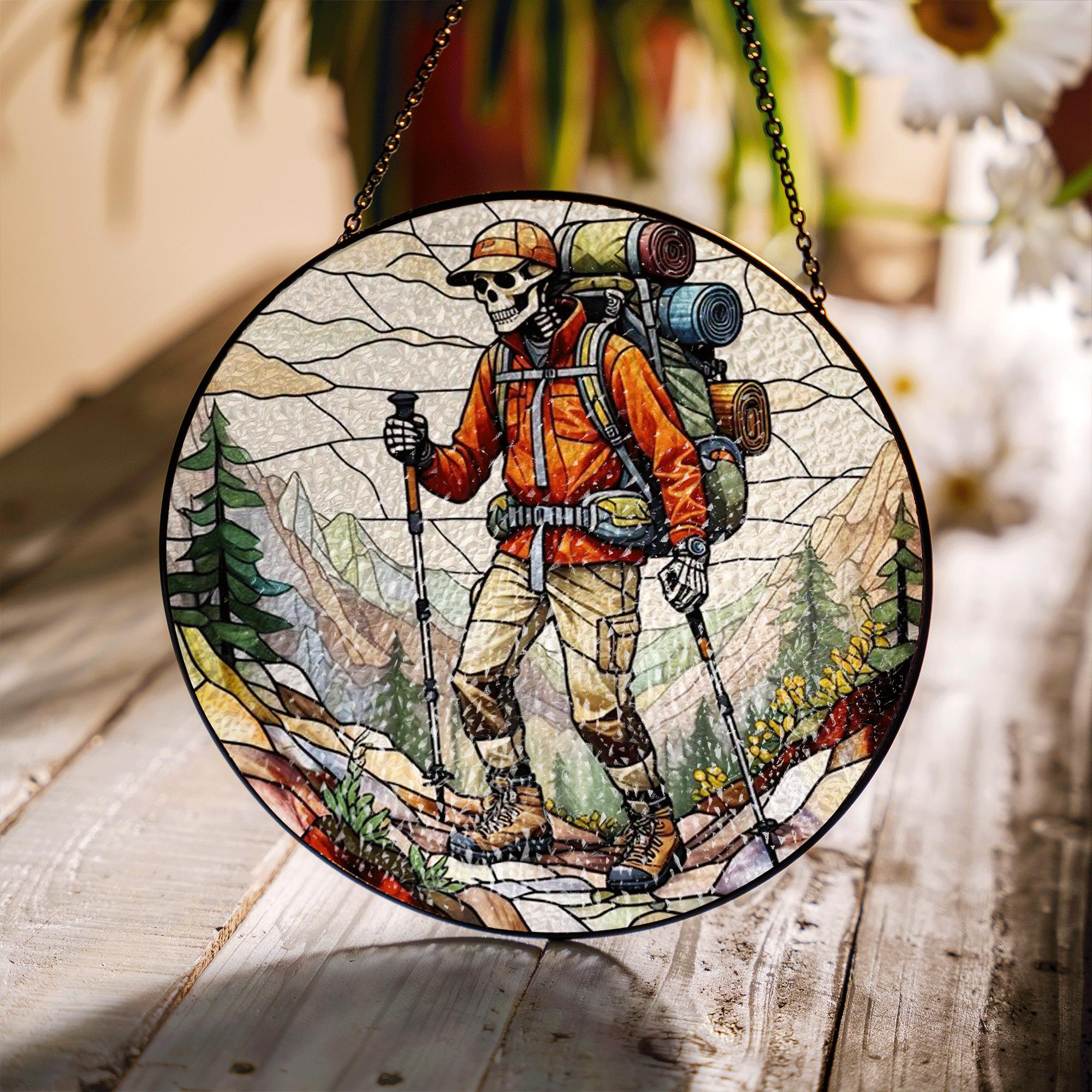 Hiking Skeleton Glass Suncatcher | Father's Day Outdoor Gift | Stained Glass Camper Window Decor | Unique Gift for Adventurer Dad