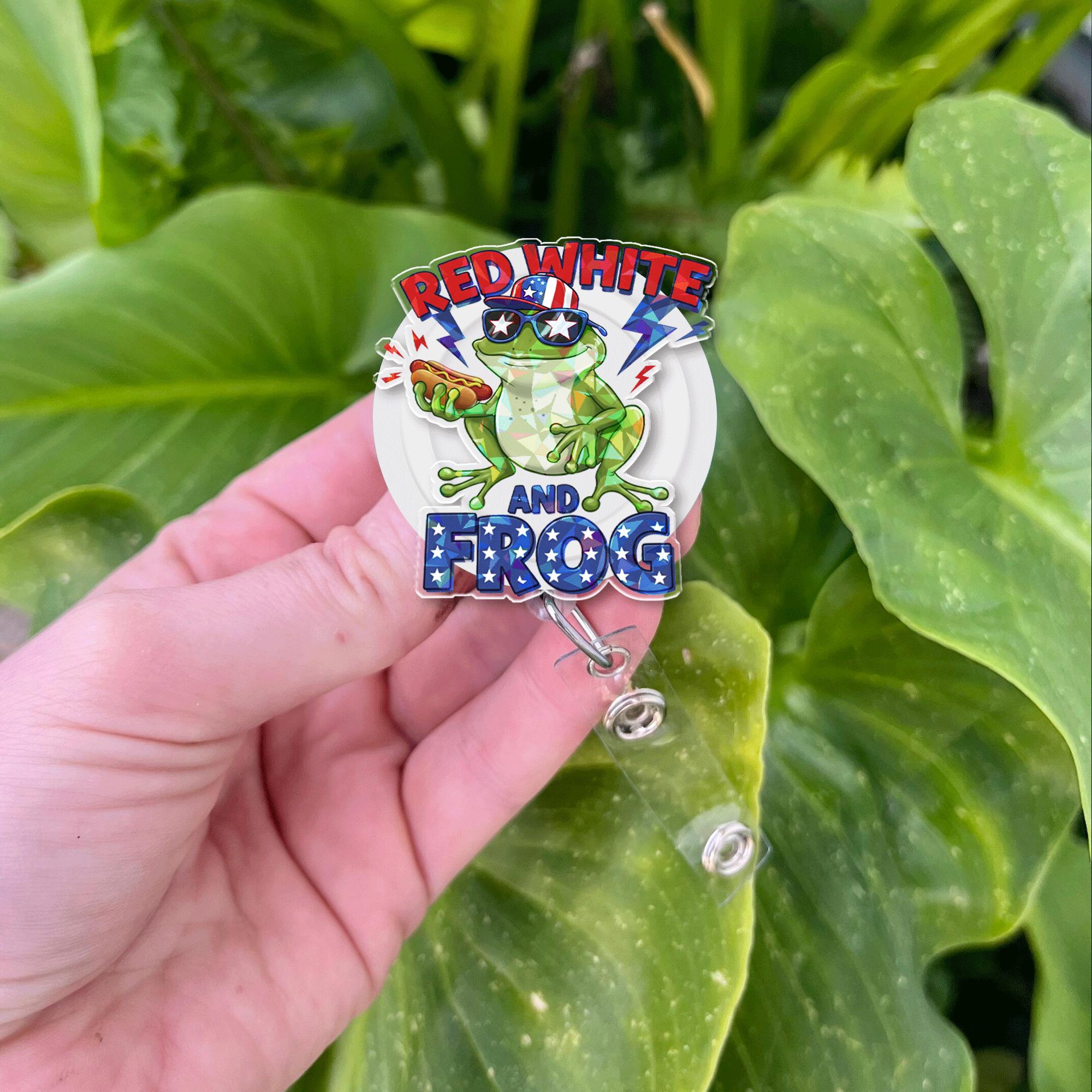 Funny Frog Badge Reel | Red White and Frog ID Holder | 4th of July Patriotic Badge Clip | Cute Retractable Reel for Nurses & Teachers