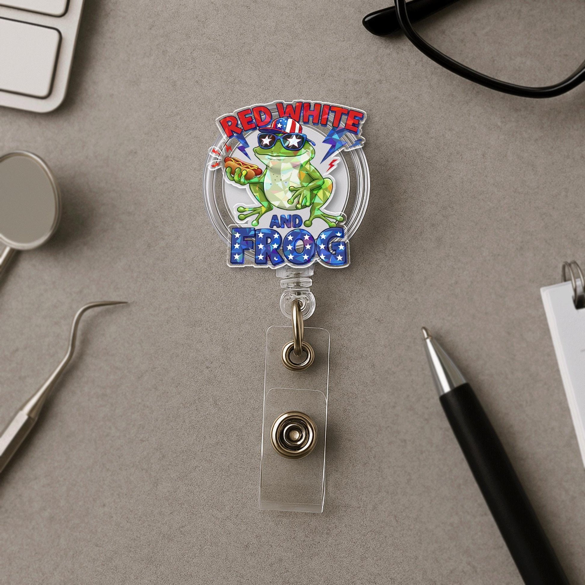 Funny Frog Badge Reel | Red White and Frog ID Holder | 4th of July Patriotic Badge Clip | Cute Retractable Reel for Nurses & Teachers