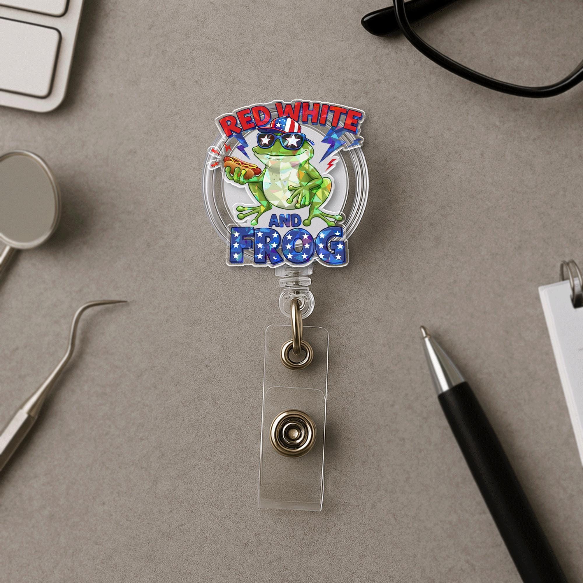 Funny Frog Badge Reel | Red White and Frog ID Holder | 4th of July Patriotic Badge Clip | Cute Retractable Reel for Nurses & Teachers