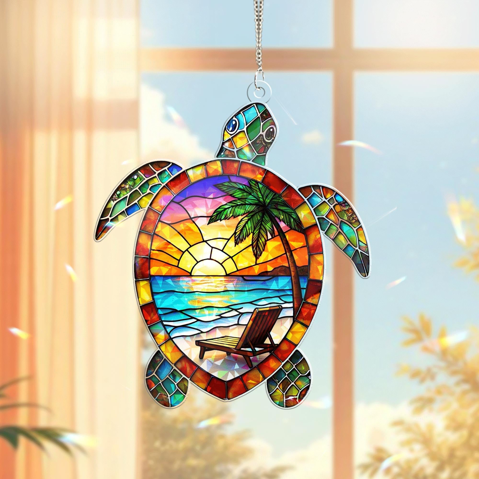 Turtle Beach Sunset Acrylic Window Hanging | Ocean Suncatcher Decor | Summer Beach Vibes Home Accent | Sea Turtle Sun Catcher