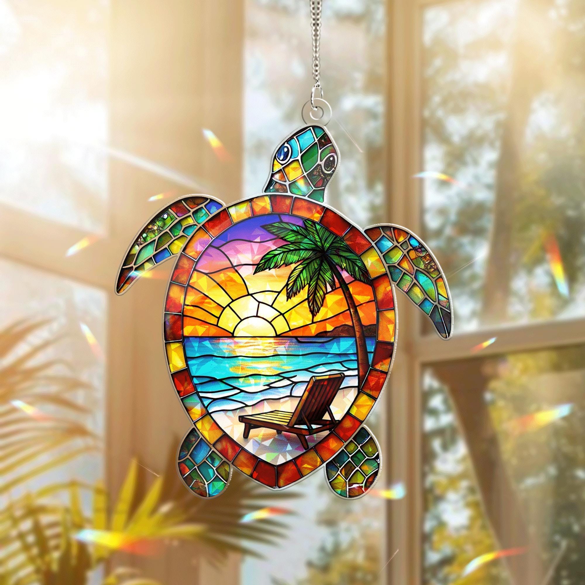Turtle Beach Sunset Acrylic Window Hanging | Ocean Suncatcher Decor | Summer Beach Vibes Home Accent | Sea Turtle Sun Catcher