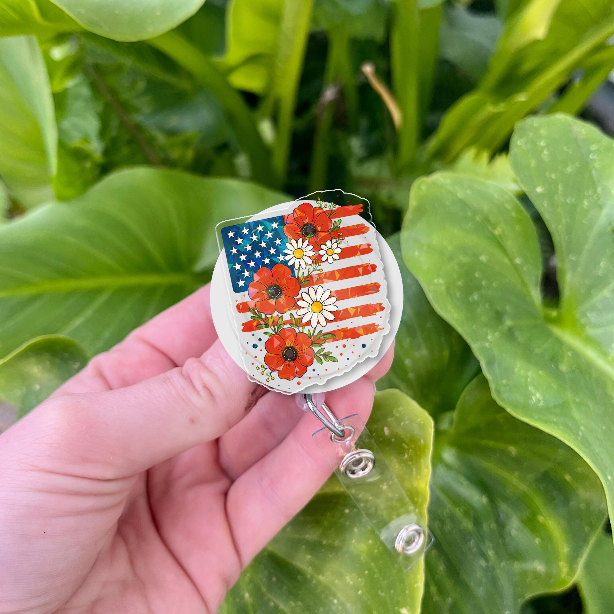 Floral American Flag Badge Reel | Patriotic ID Holder | 4th of July Work Accessory | USA Nurse Teacher Gift | Red White Blue Clip