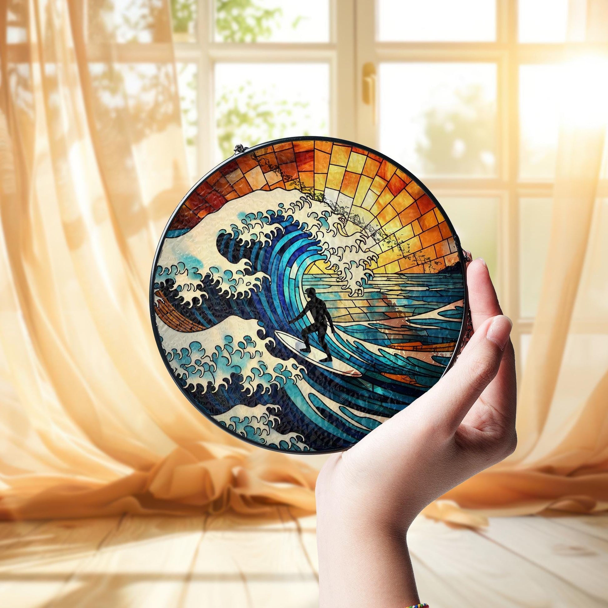 Surfing Beach Glass Suncatcher | Ocean Wave Summer Window Decor | Coastal Surfer Gift | Handmade Nautical Sun Catcher Art