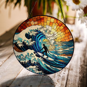 Surfing Beach Glass Suncatcher | Ocean Wave Summer Window Decor | Coastal Surfer Gift | Handmade Nautical Sun Catcher Art