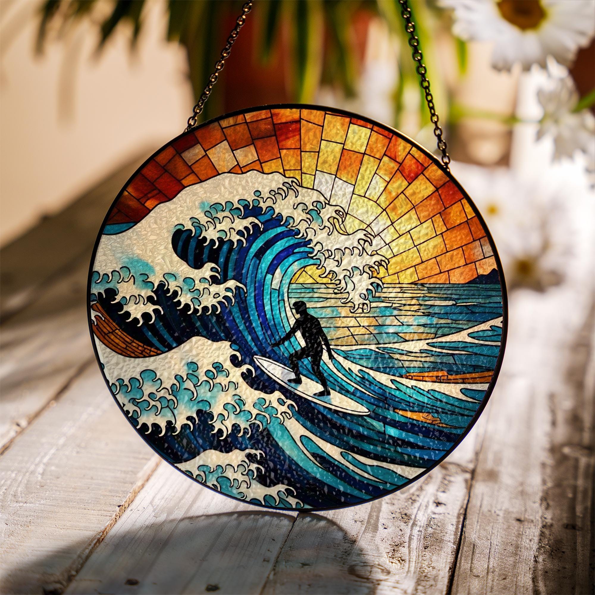 Surfing Beach Glass Suncatcher | Ocean Wave Summer Window Decor | Coastal Surfer Gift | Handmade Nautical Sun Catcher Art