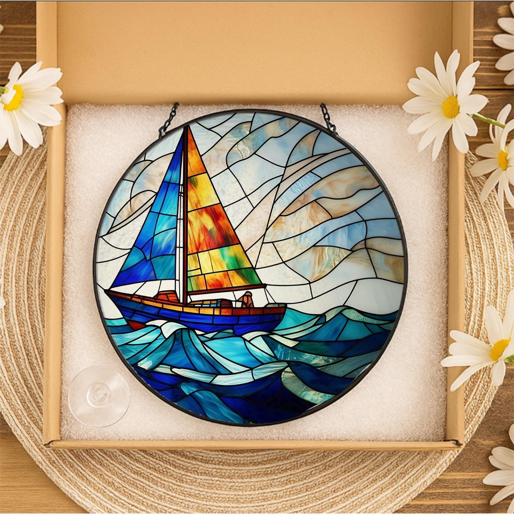Sailboat Beach Glass Suncatcher | Coastal Nautical Window Decor | Ocean Summer Sun Catcher | Handmade Sea Lover Gift