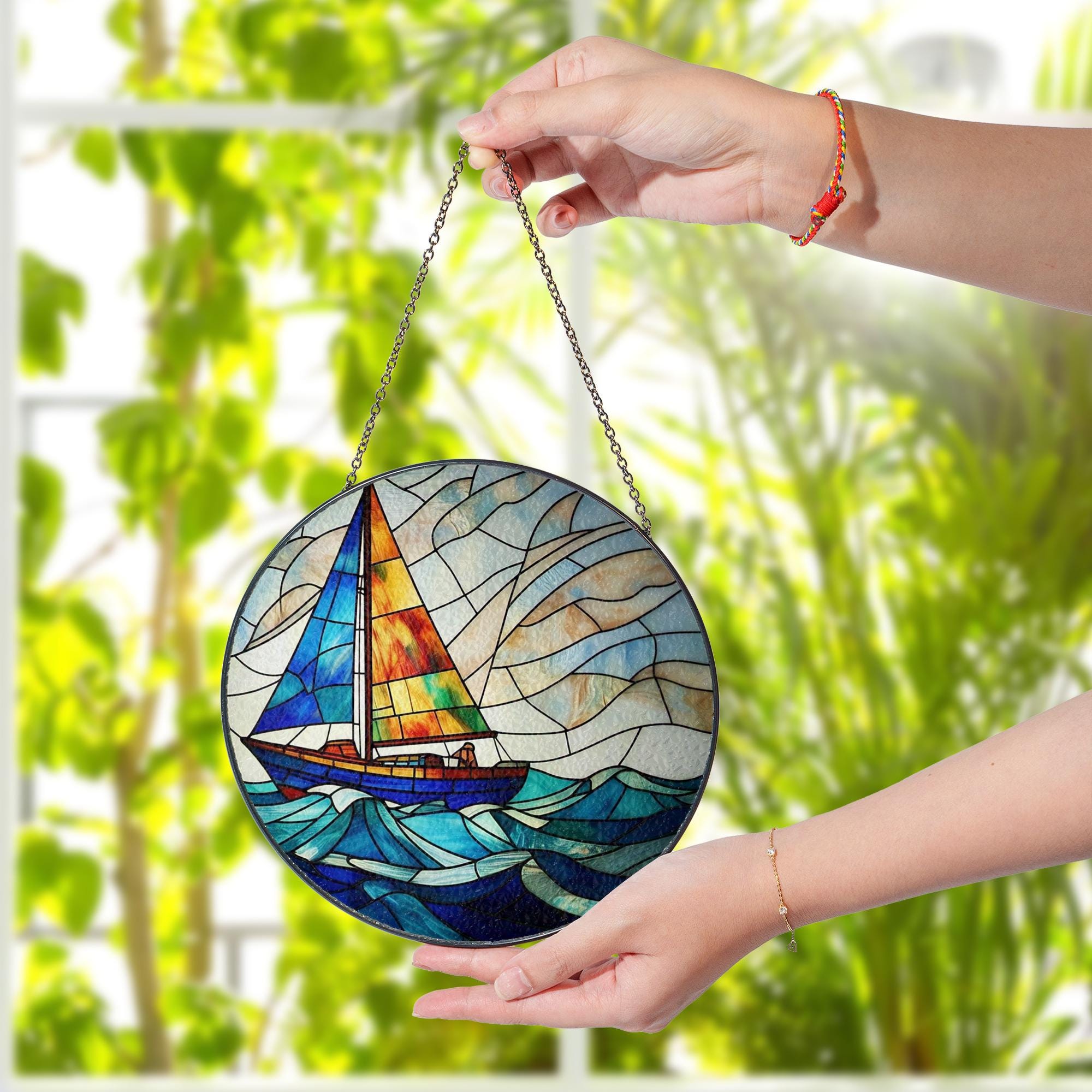 Sailboat Beach Glass Suncatcher | Coastal Nautical Window Decor | Ocean Summer Sun Catcher | Handmade Sea Lover Gift