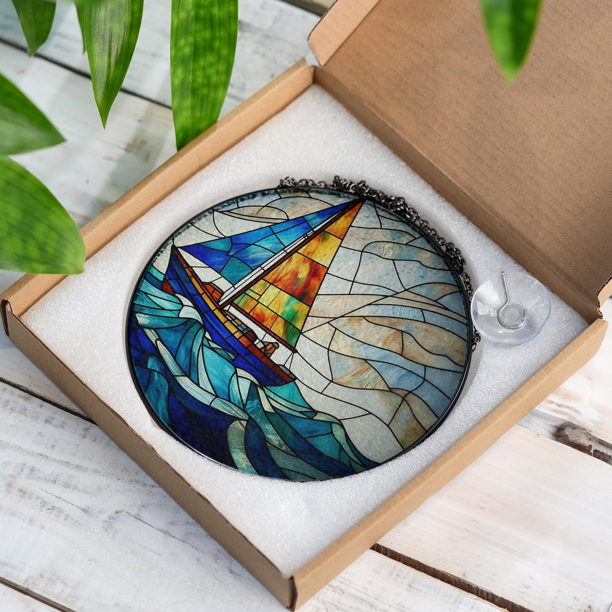 Sailboat Beach Glass Suncatcher | Coastal Nautical Window Decor | Ocean Summer Sun Catcher | Handmade Sea Lover Gift