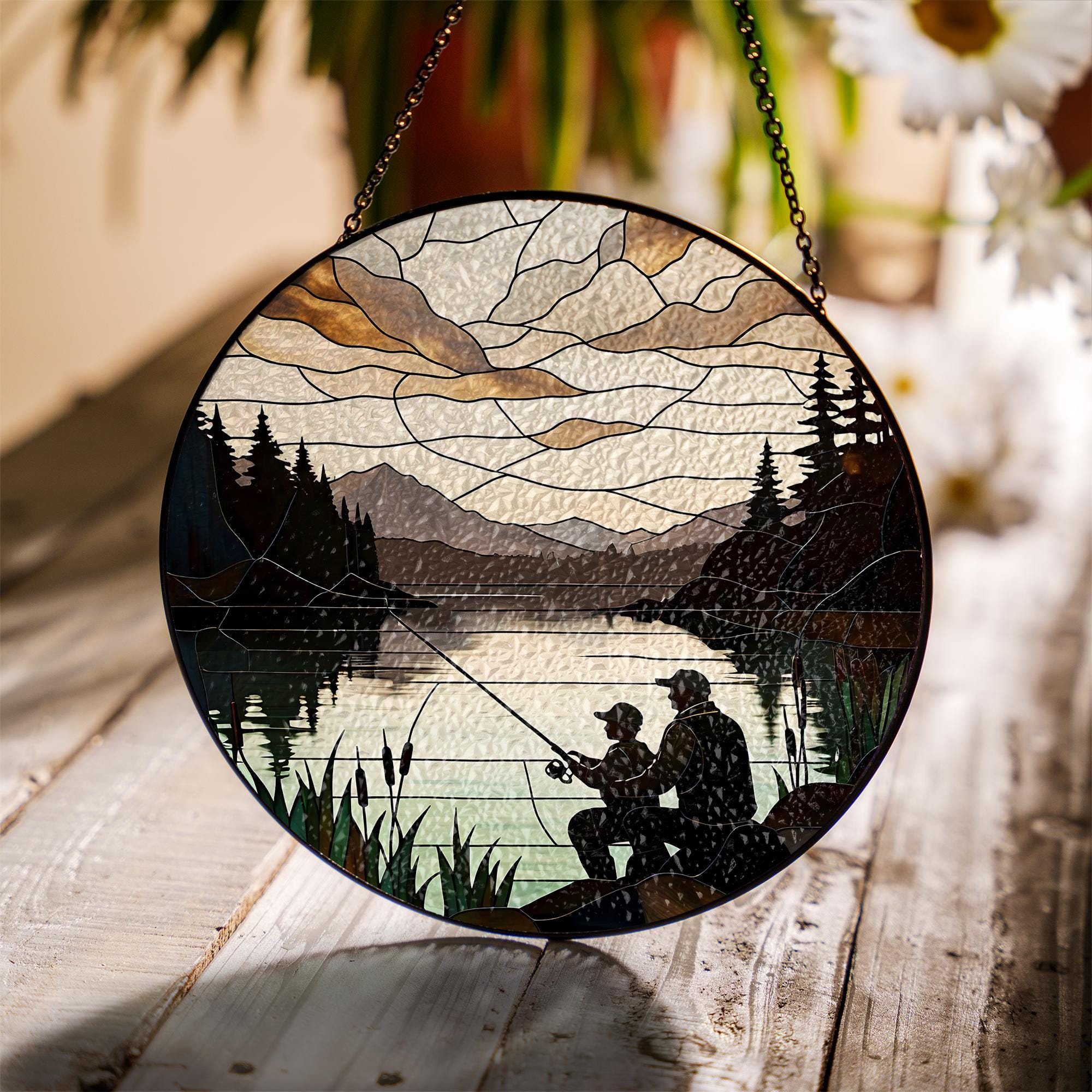 Fishing Dad and Son Glass Suncatcher | Father’s Day Gift | Lake Cabin Window Decor | Outdoor Fishing Scene Sun Catcher Art