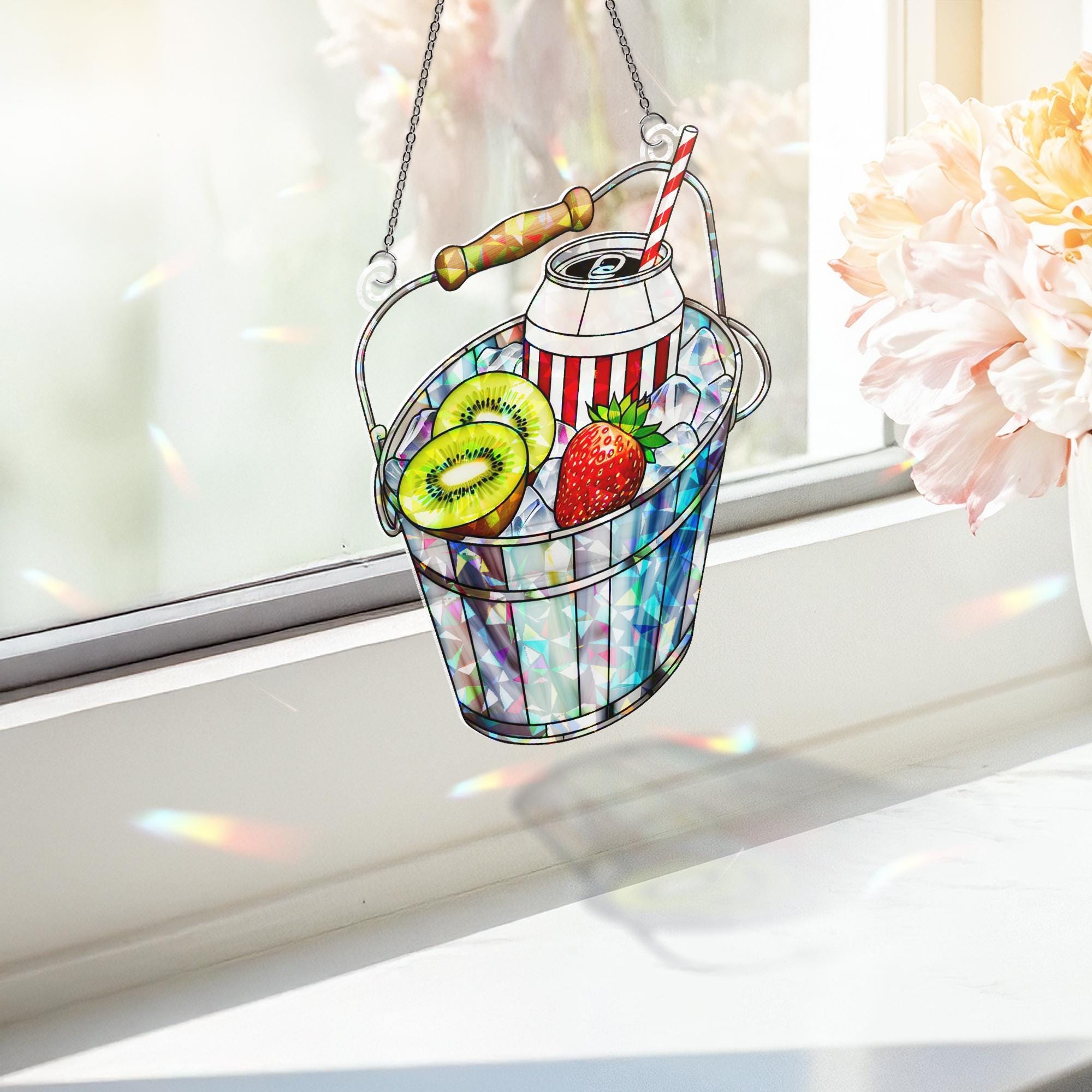 Bucket of Fruit Hologram Window Hanging | Summer Acrylic Suncatcher | Colorful Kitchen Window Decor | Fruit Lover Gift Art