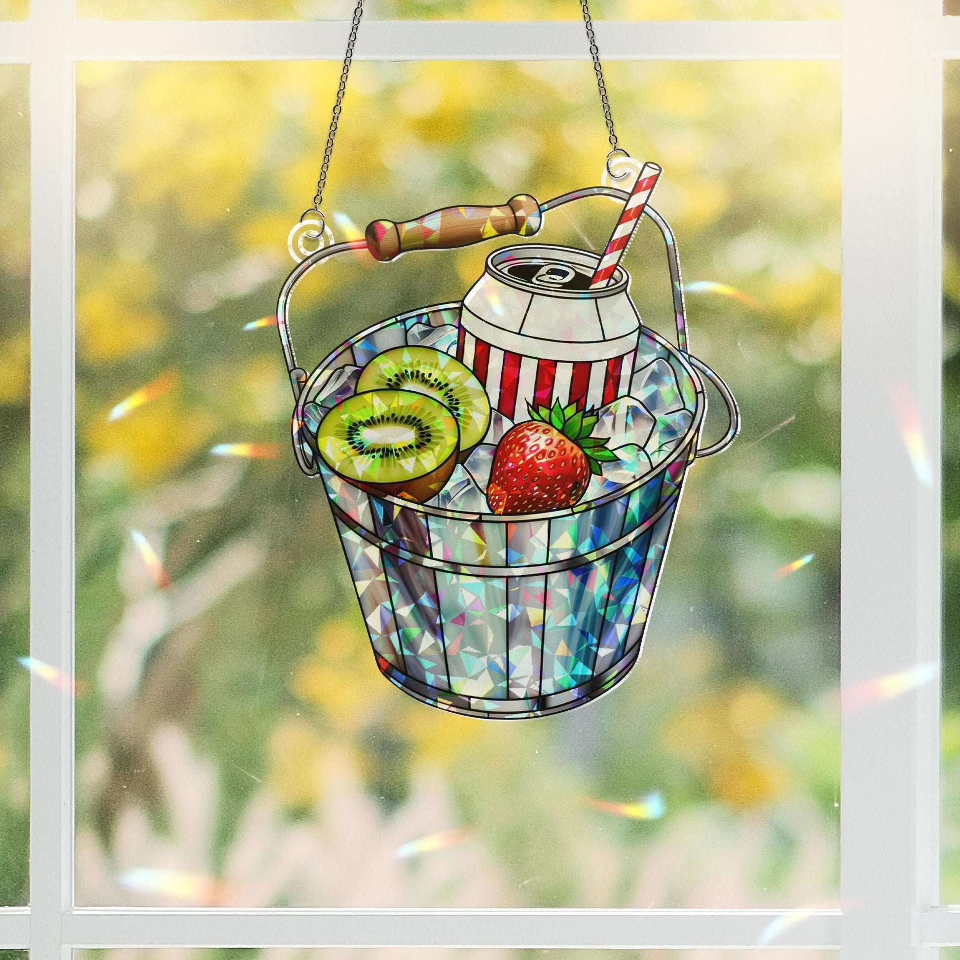 Bucket of Fruit Hologram Window Hanging | Summer Acrylic Suncatcher | Colorful Kitchen Window Decor | Fruit Lover Gift Art