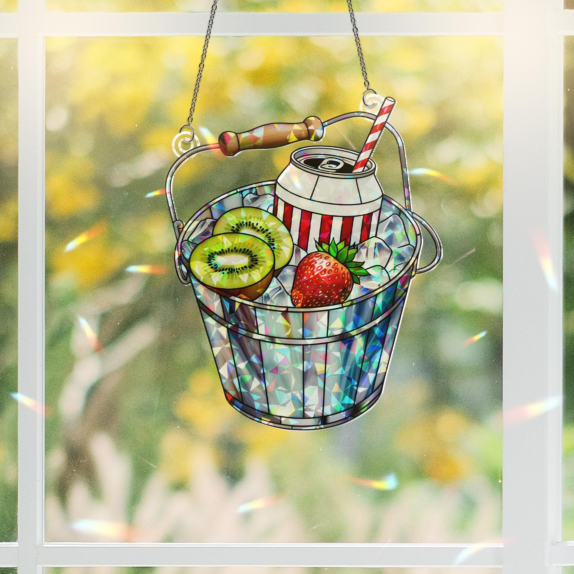 Bucket of Fruit Hologram Window Hanging | Summer Acrylic Suncatcher | Colorful Kitchen Window Decor | Fruit Lover Gift Art