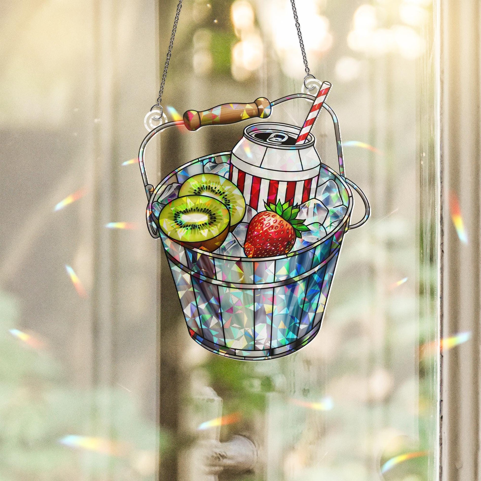 Bucket of Fruit Hologram Window Hanging | Summer Acrylic Suncatcher | Colorful Kitchen Window Decor | Fruit Lover Gift Art