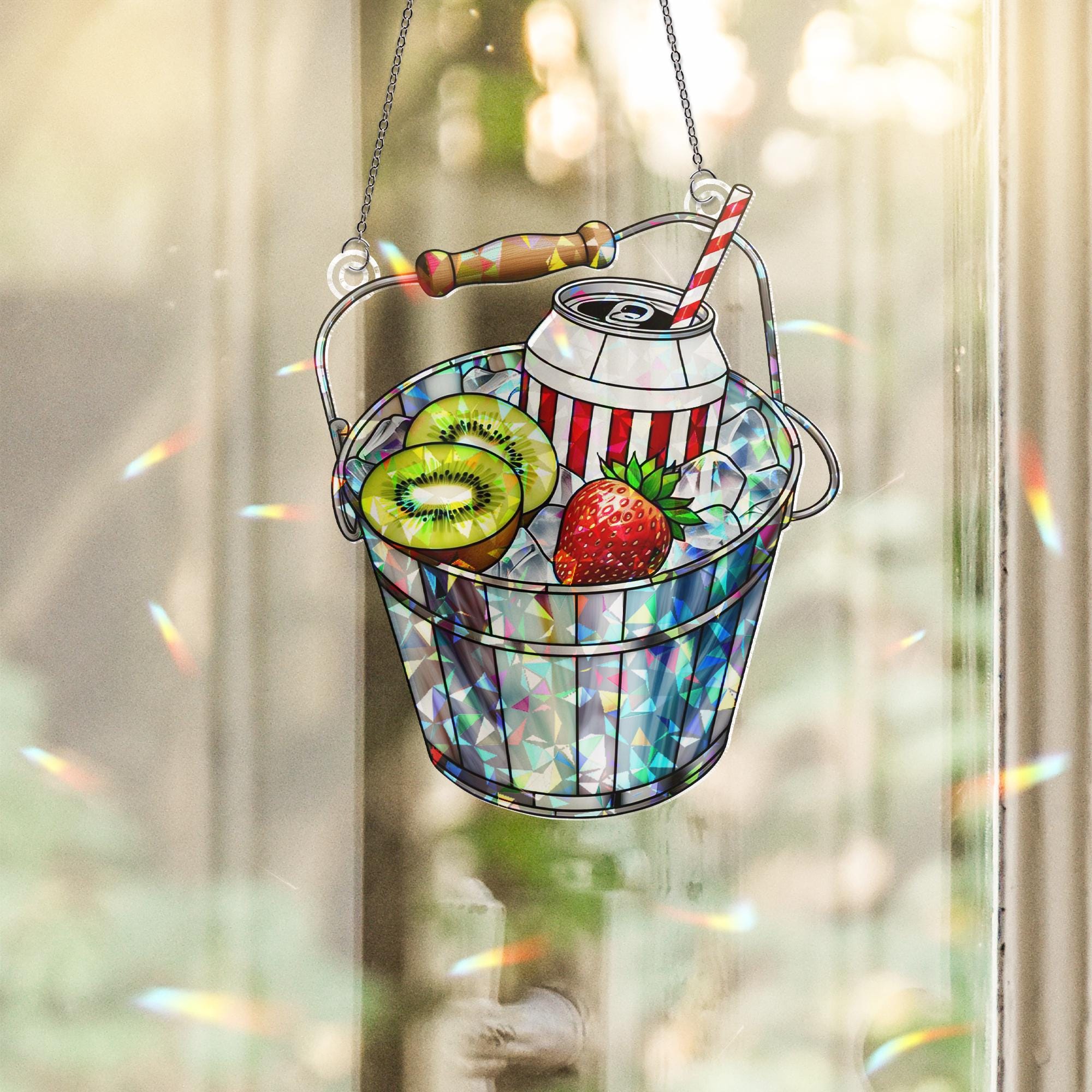 Bucket of Fruit Hologram Window Hanging | Summer Acrylic Suncatcher | Colorful Kitchen Window Decor | Fruit Lover Gift Art