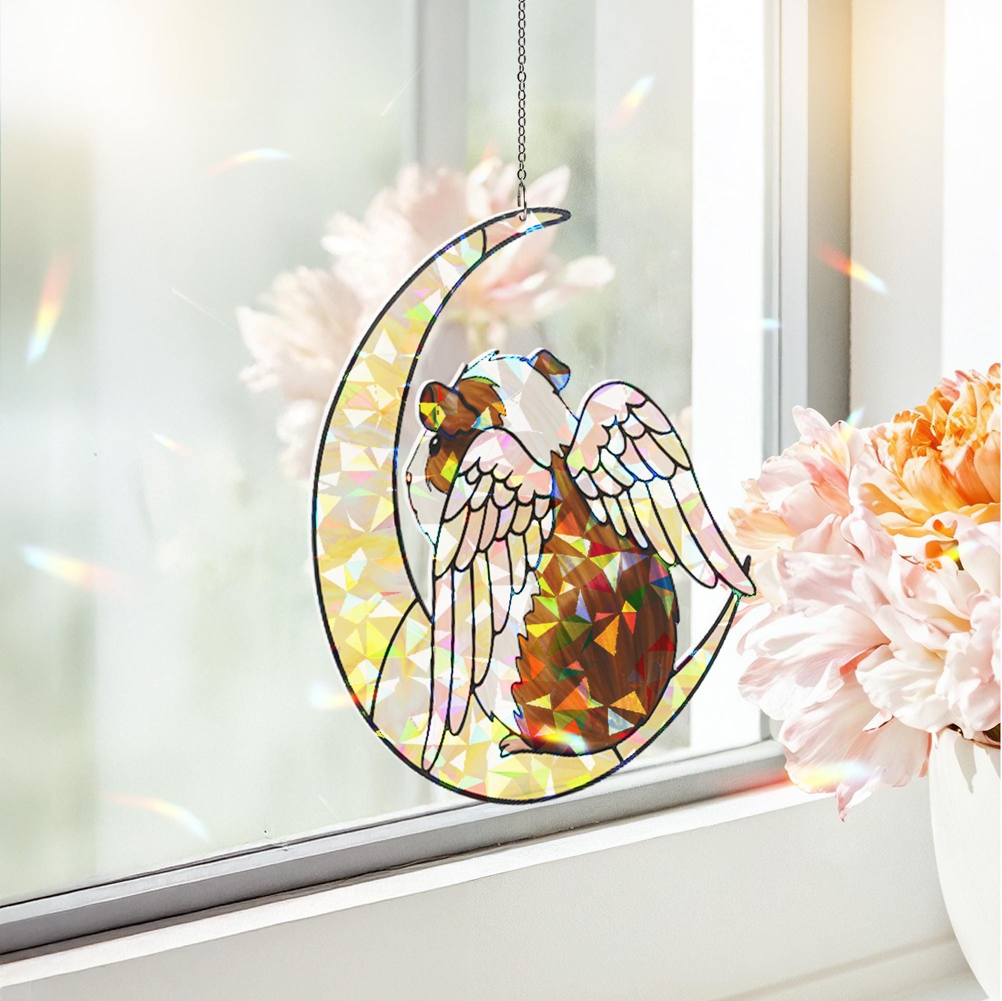 Dutch Guinea Pig on Crescent Moon, Acrylic Hologram Window Hanging, Guinea Pig Memorial, Guinea Pig Mom Gift, Pet Loss Decor, Window Art