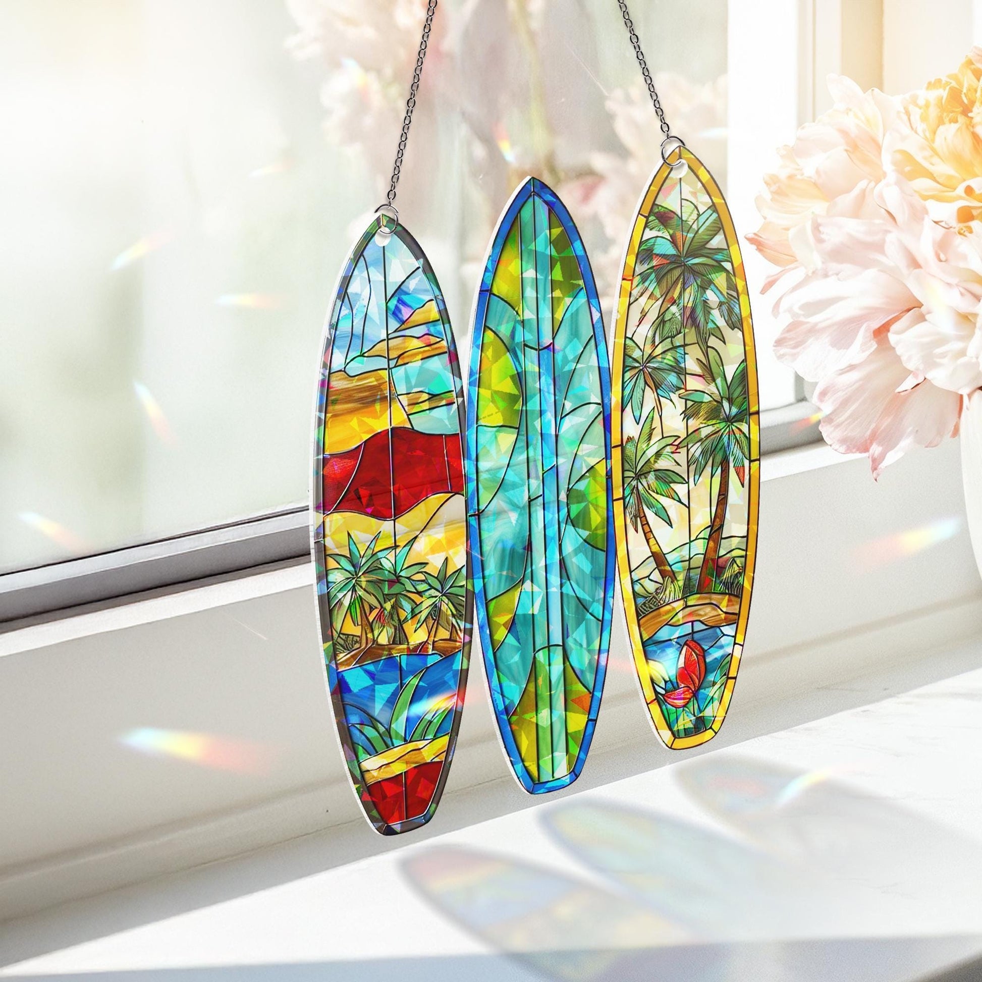 Surfboard Hologram Acrylic Window Hanging | Coastal Beach Decor | Summer Vibes Suncatcher | Ocean Wave Surfer Gift Art
