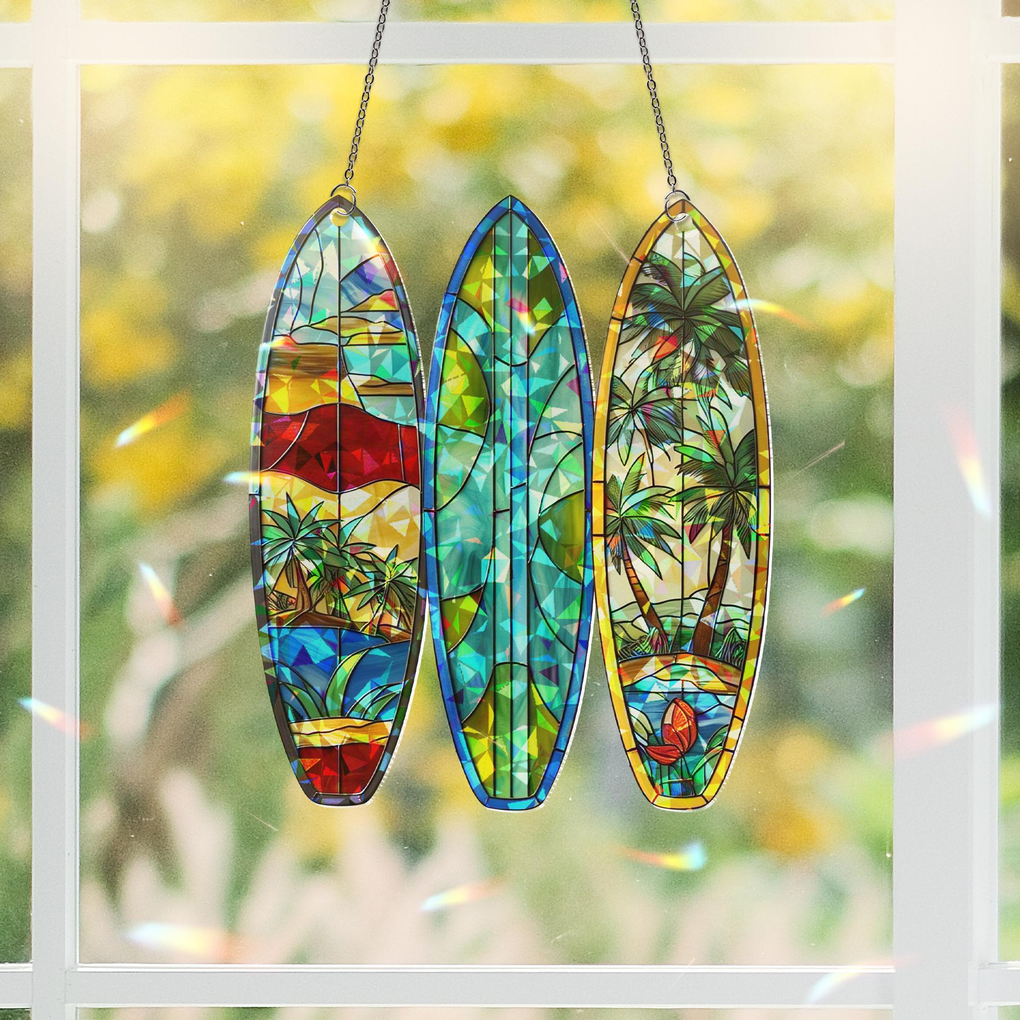 Surfboard Hologram Acrylic Window Hanging | Coastal Beach Decor | Summer Vibes Suncatcher | Ocean Wave Surfer Gift Art