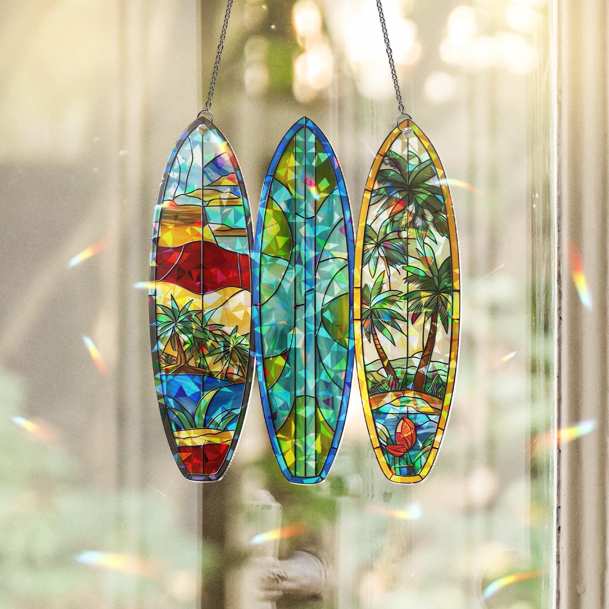 Surfboard Hologram Acrylic Window Hanging | Coastal Beach Decor | Summer Vibes Suncatcher | Ocean Wave Surfer Gift Art