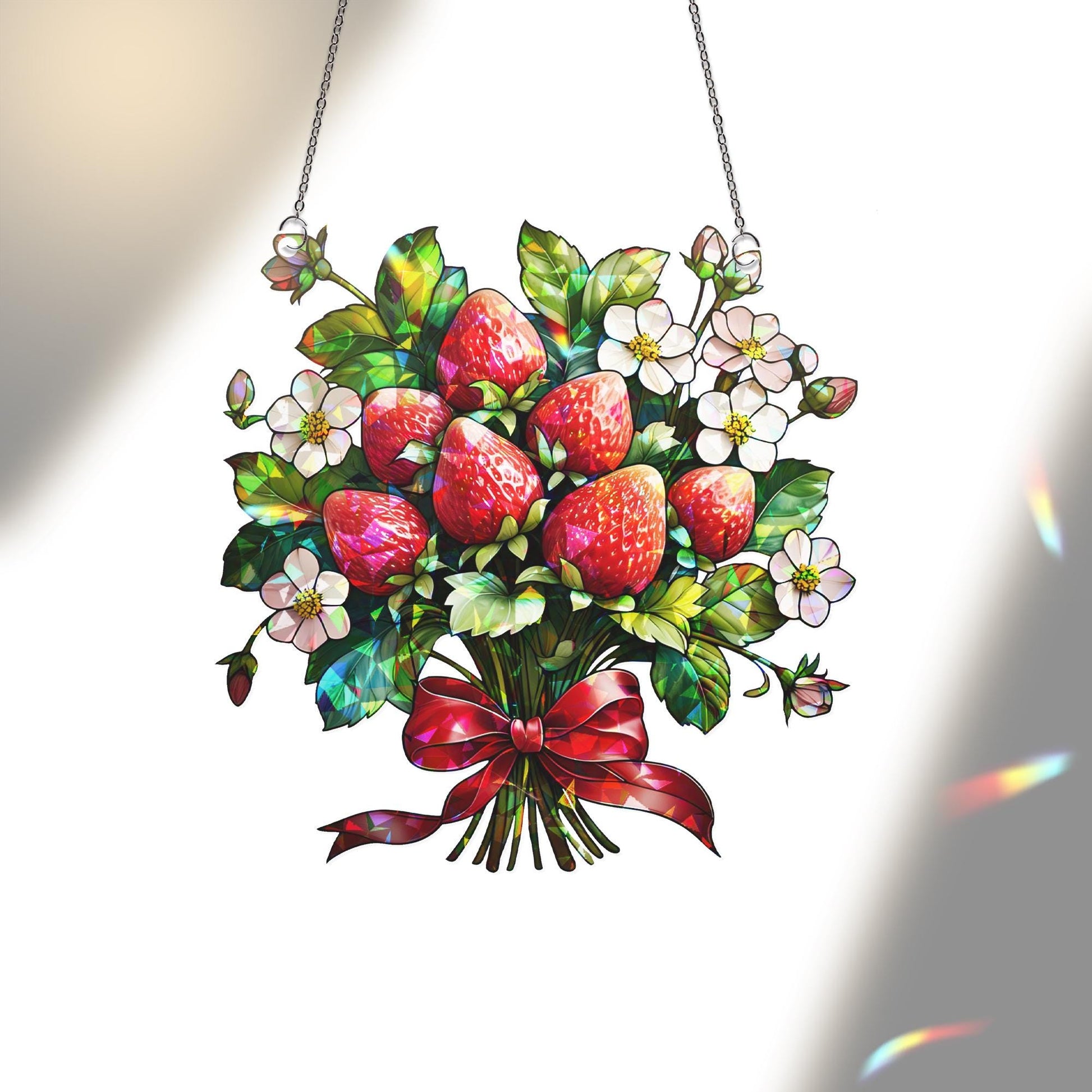 Strawberry Bouquet Hologram Acrylic Window Hanging | Cute Summer Suncatcher | Fruit Lover Kitchen Decor | Cottagecore Window Art