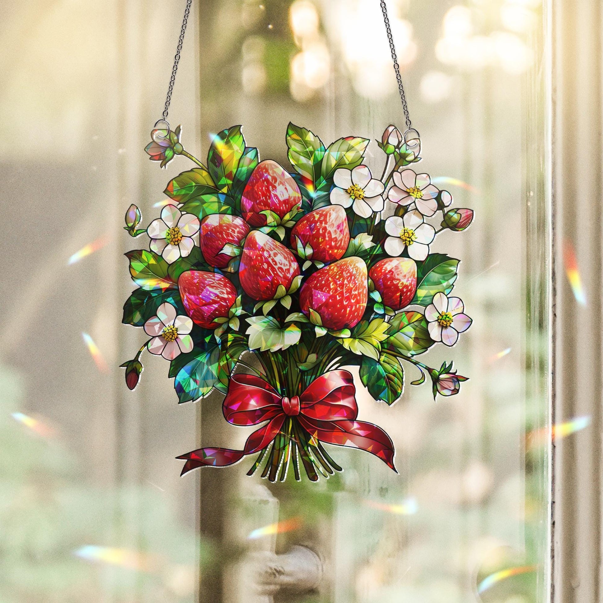Strawberry Bouquet Hologram Acrylic Window Hanging | Cute Summer Suncatcher | Fruit Lover Kitchen Decor | Cottagecore Window Art