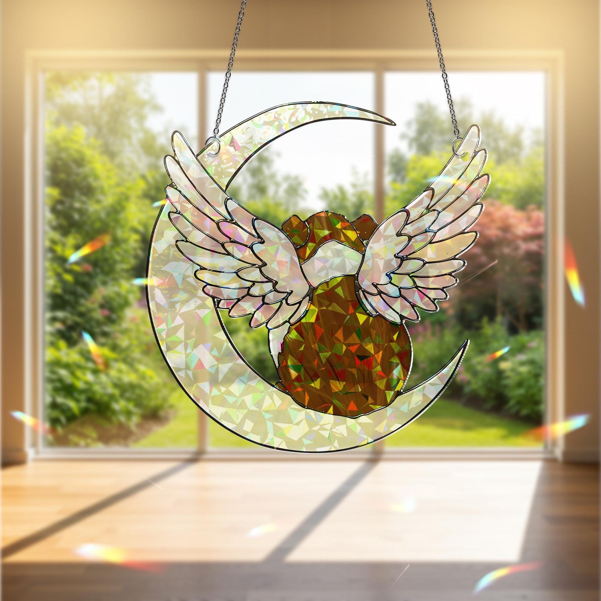American Guinea Pig on Crescent Moon, Acrylic Hologram Window Hanging, Guinea Pig Memorial, Guinea Pig Mom Gift, Pet Loss Decor, Window Art