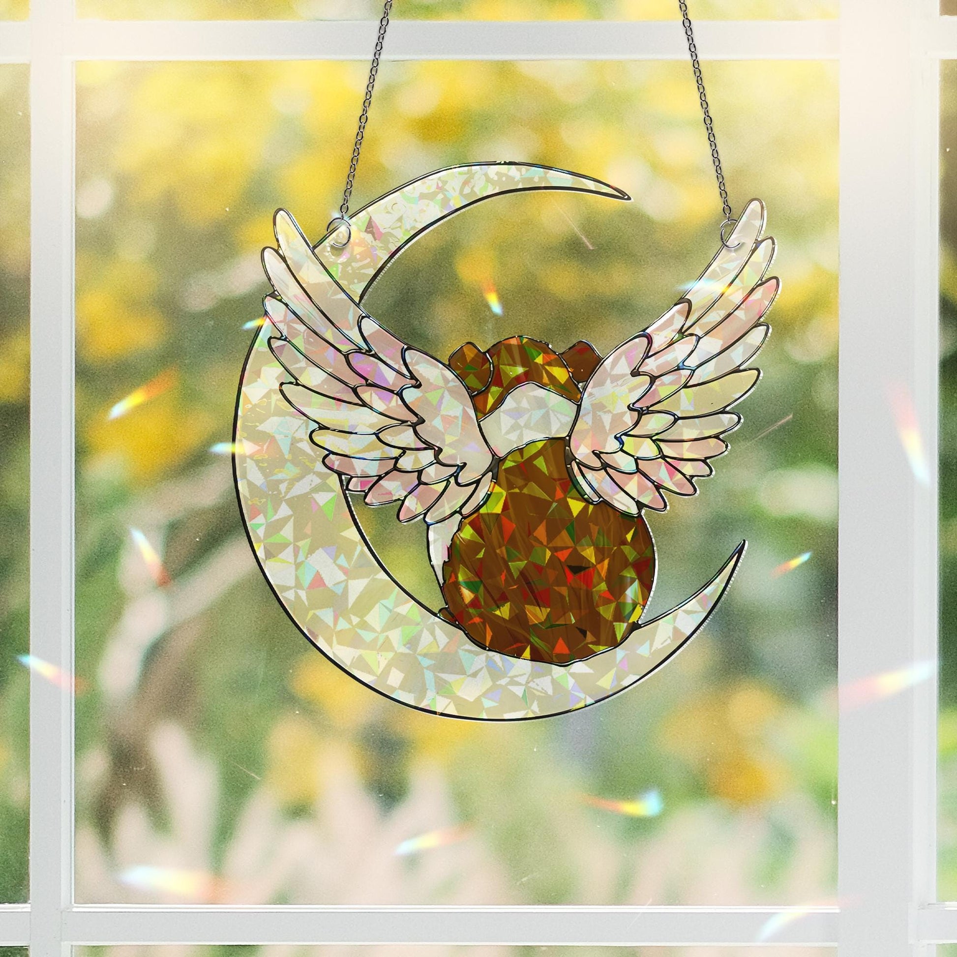 American Guinea Pig on Crescent Moon, Acrylic Hologram Window Hanging, Guinea Pig Memorial, Guinea Pig Mom Gift, Pet Loss Decor, Window Art
