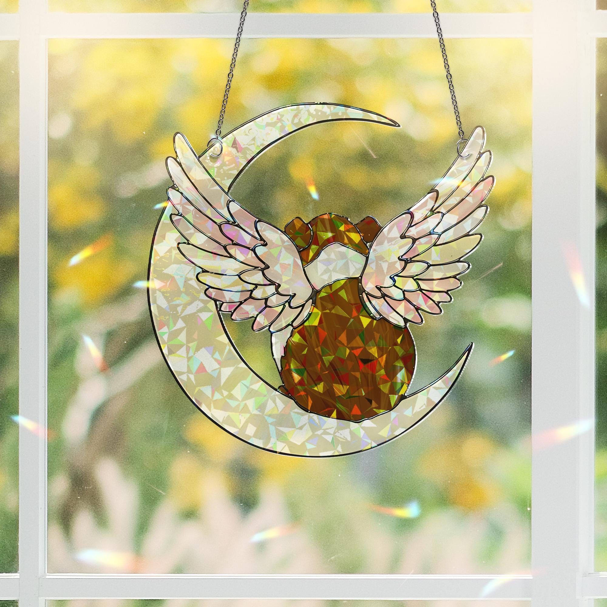 American Guinea Pig on Crescent Moon, Acrylic Hologram Window Hanging, Guinea Pig Memorial, Guinea Pig Mom Gift, Pet Loss Decor, Window Art