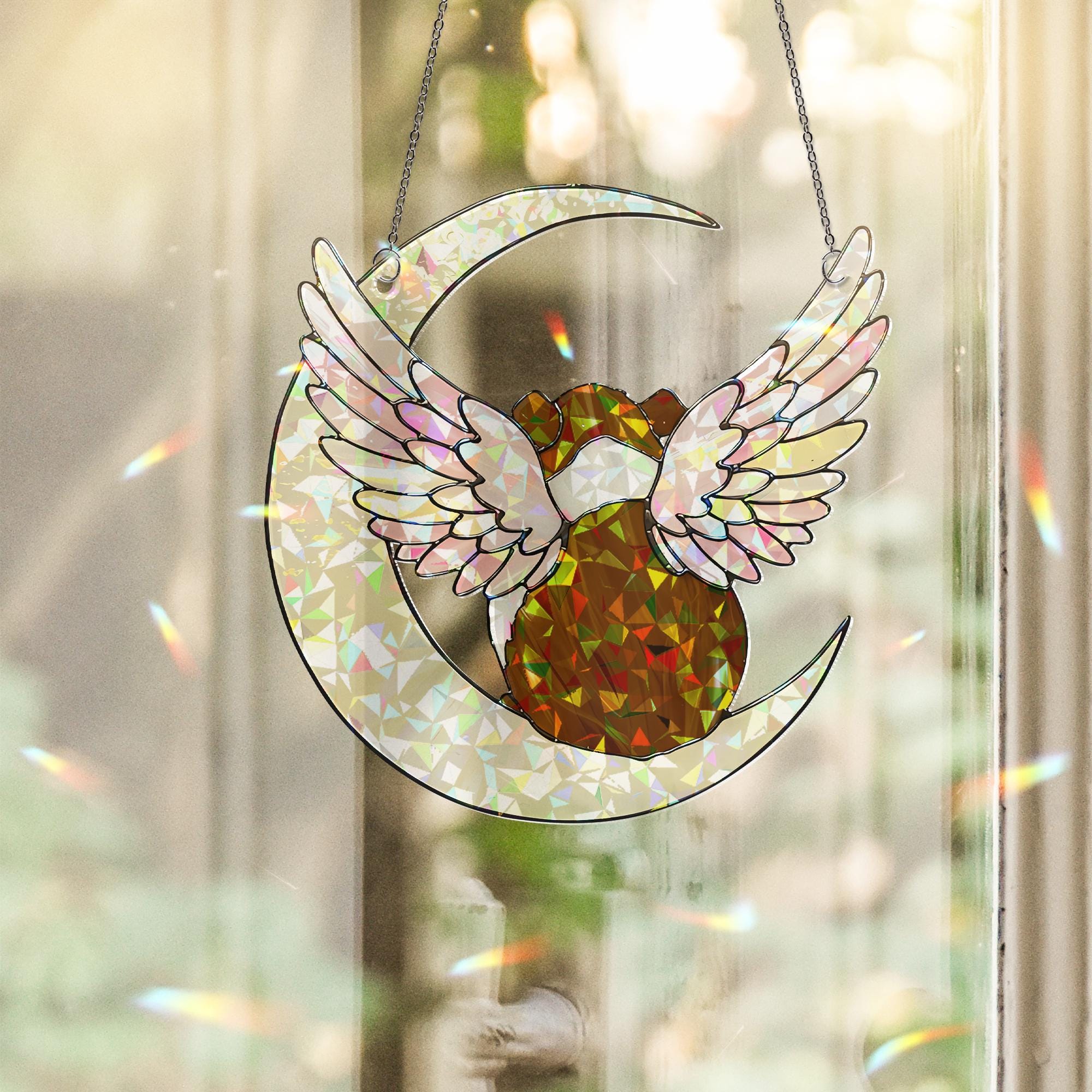 American Guinea Pig on Crescent Moon, Acrylic Hologram Window Hanging, Guinea Pig Memorial, Guinea Pig Mom Gift, Pet Loss Decor, Window Art