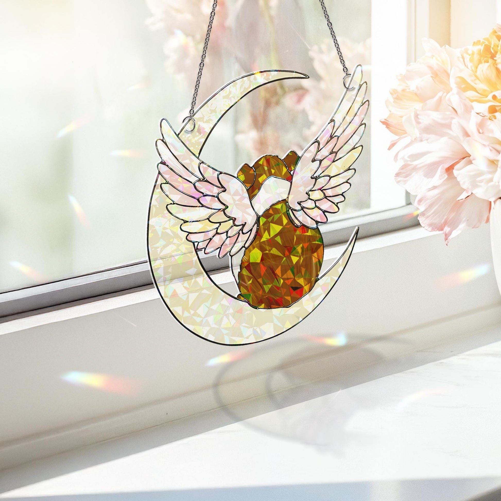 American Guinea Pig on Crescent Moon, Acrylic Hologram Window Hanging, Guinea Pig Memorial, Guinea Pig Mom Gift, Pet Loss Decor, Window Art