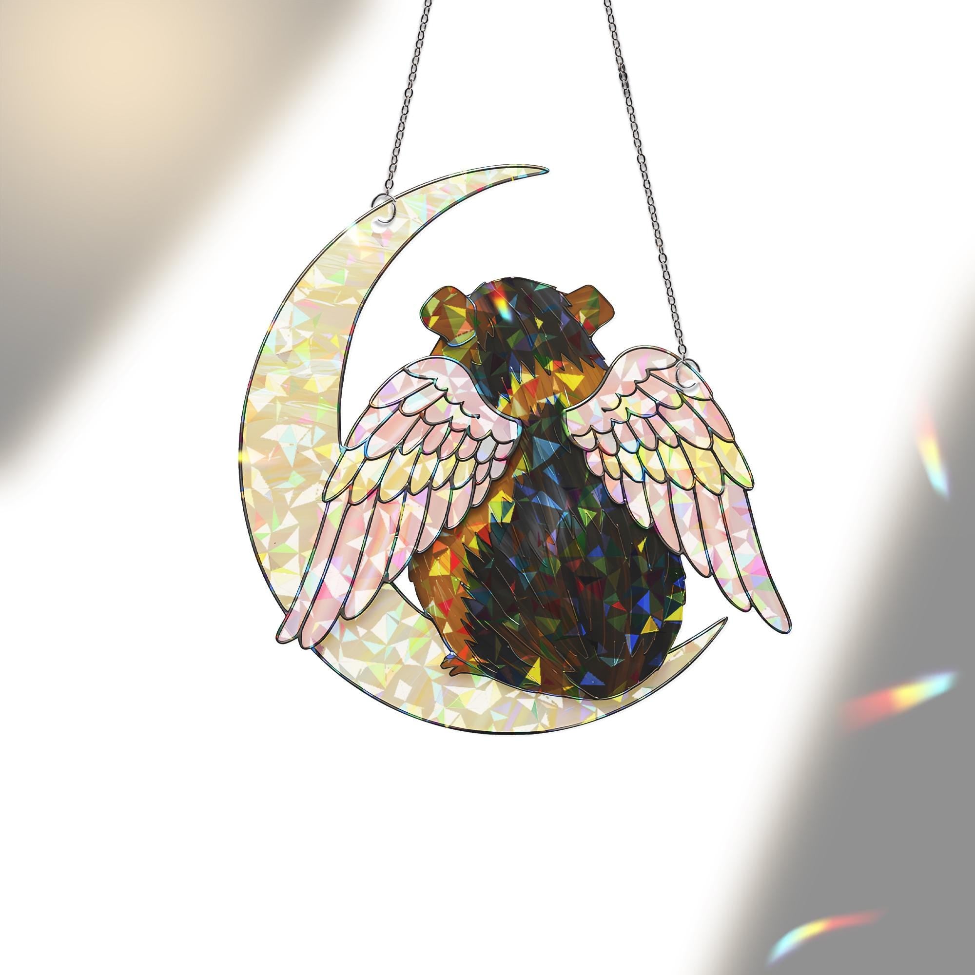 Black And Brown Guinea Pig on Crescent Moon, Acrylic Hologram Window Hanging, Guinea Pig Memorial, Guinea Pig Mom Gift, Pet Loss Decor