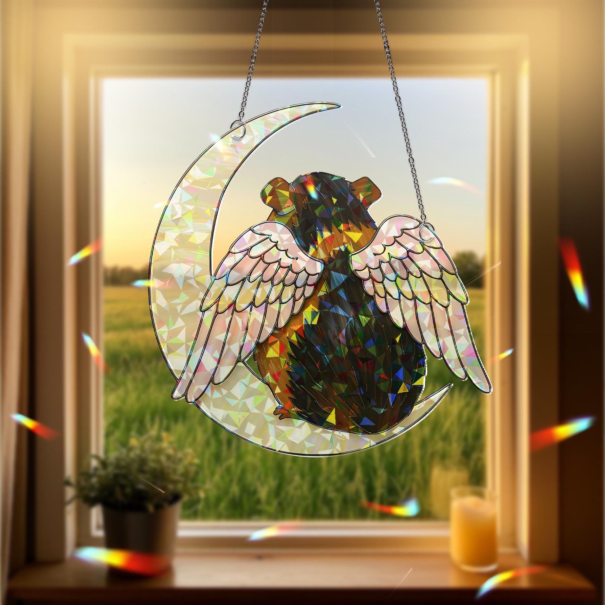 Black And Brown Guinea Pig on Crescent Moon, Acrylic Hologram Window Hanging, Guinea Pig Memorial, Guinea Pig Mom Gift, Pet Loss Decor