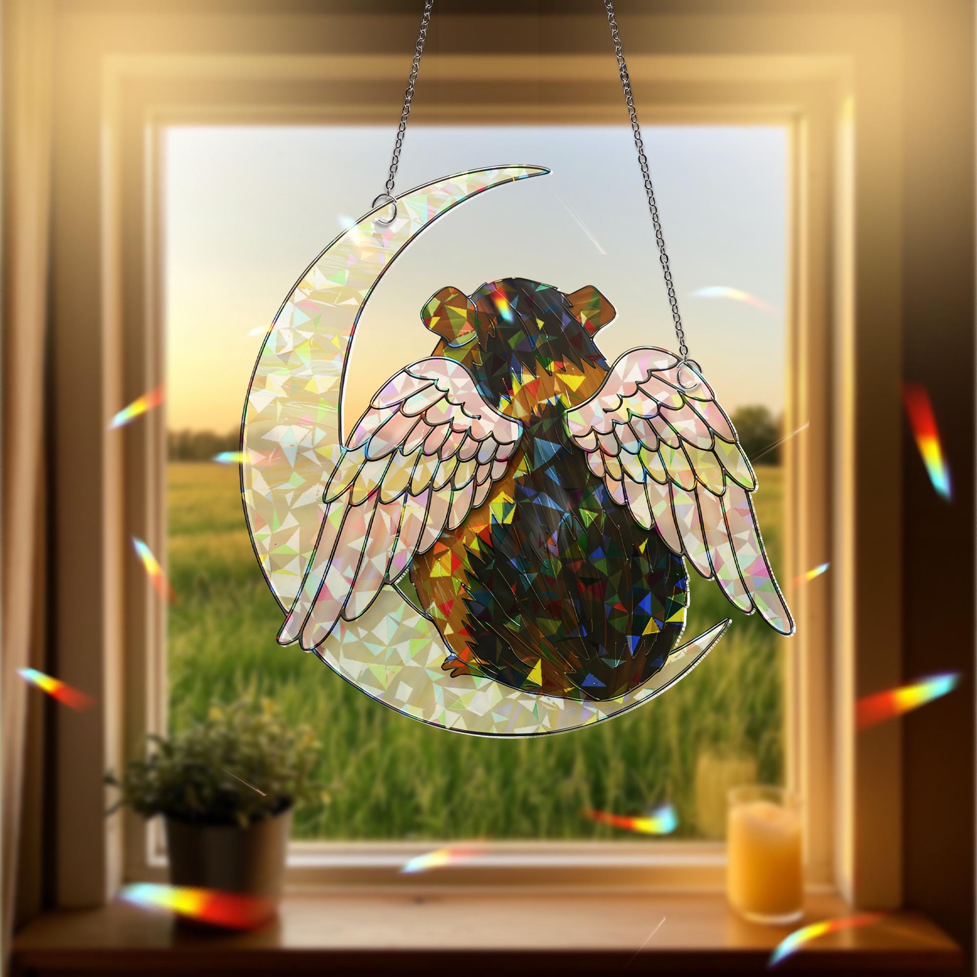 Black And Brown Guinea Pig on Crescent Moon, Acrylic Hologram Window Hanging, Guinea Pig Memorial, Guinea Pig Mom Gift, Pet Loss Decor