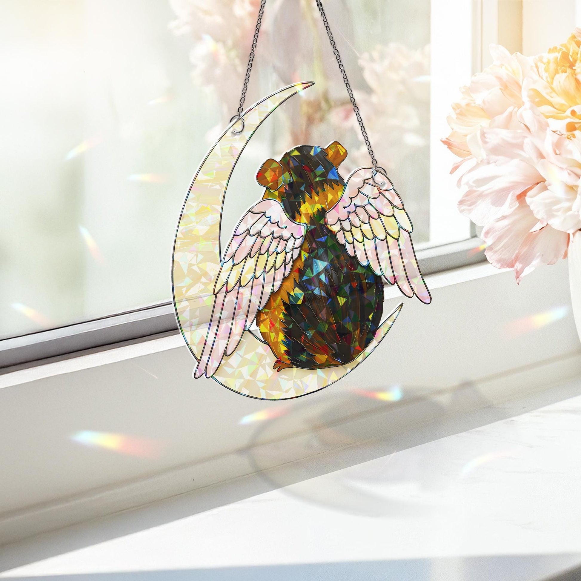 Black And Brown Guinea Pig on Crescent Moon, Acrylic Hologram Window Hanging, Guinea Pig Memorial, Guinea Pig Mom Gift, Pet Loss Decor