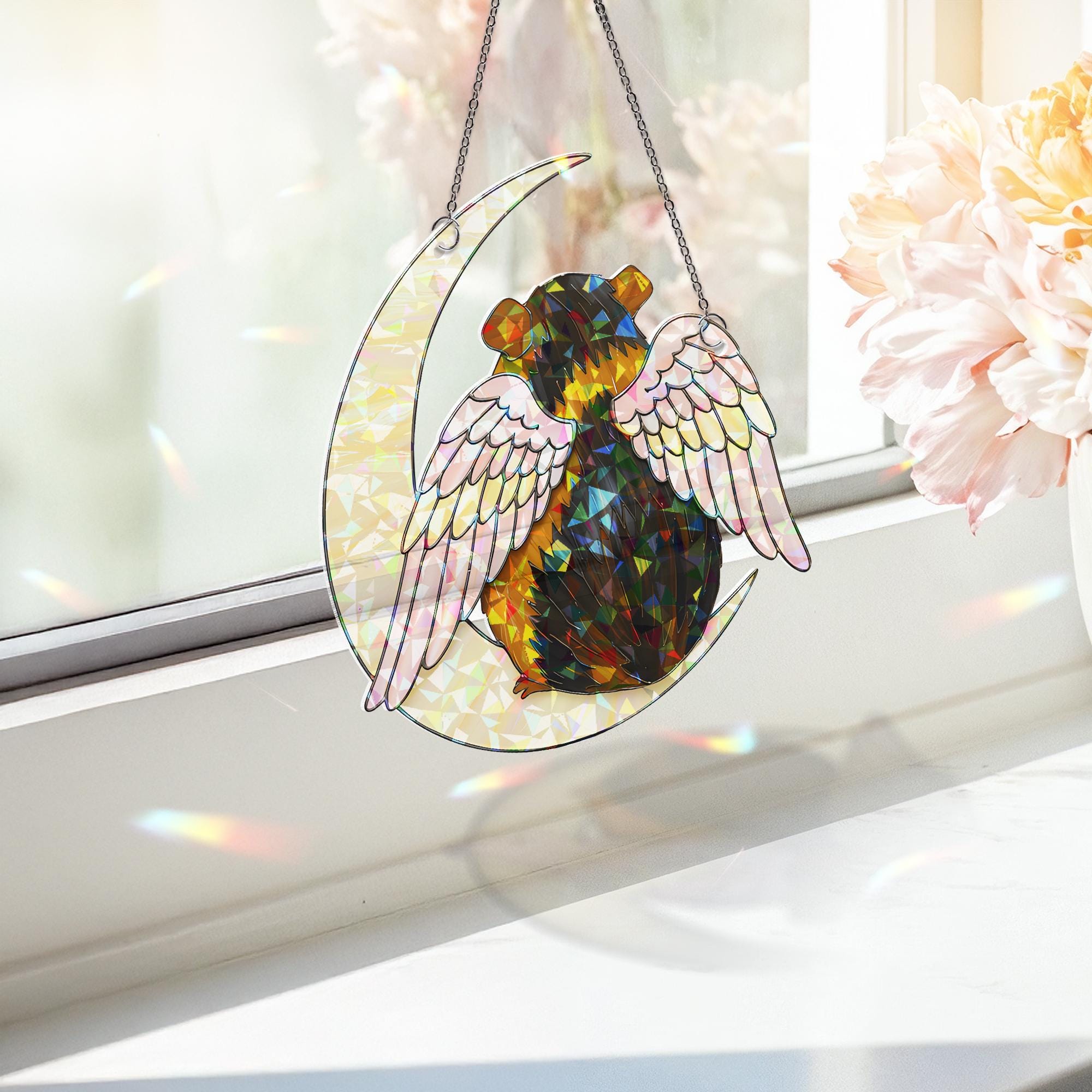 Black And Brown Guinea Pig on Crescent Moon, Acrylic Hologram Window Hanging, Guinea Pig Memorial, Guinea Pig Mom Gift, Pet Loss Decor