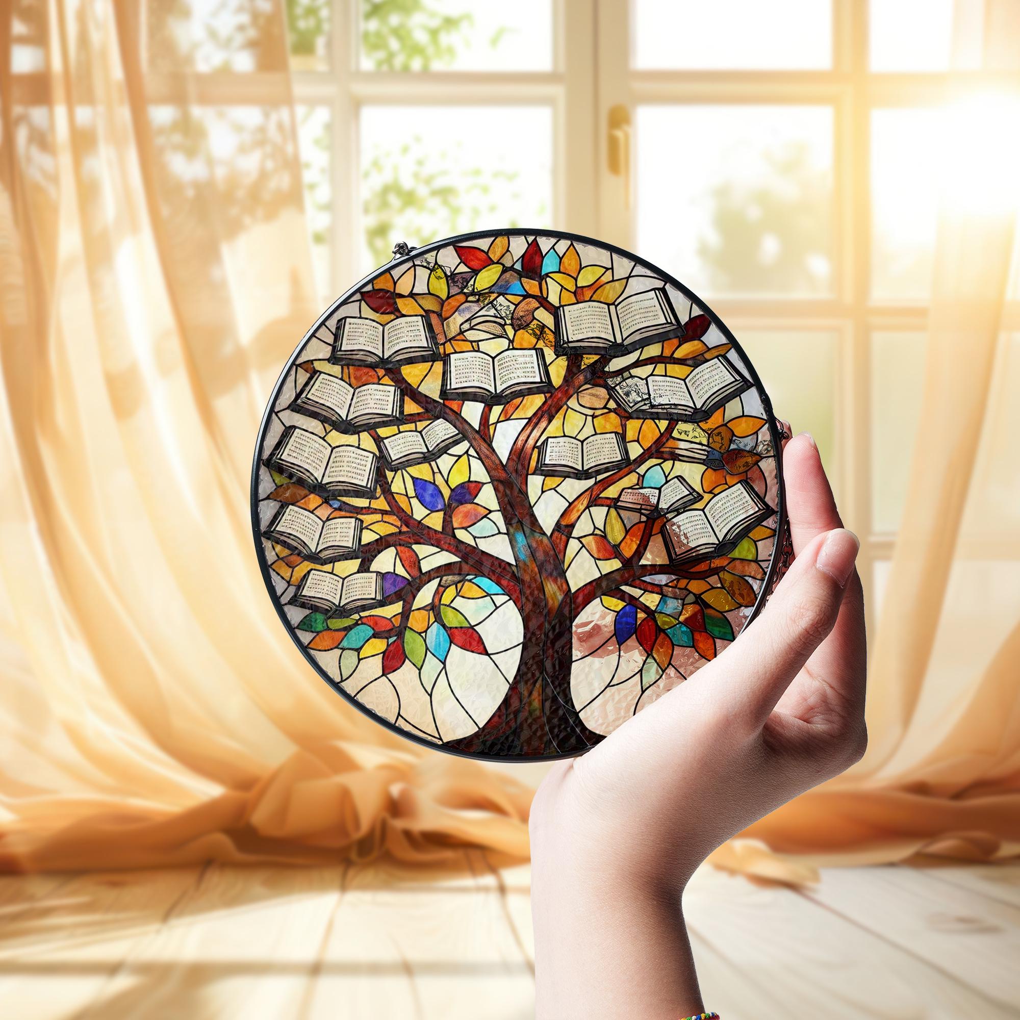 Tree and Book Glass Suncatcher | Book Lover Window Decor | Nature Reading Art | Cozy Library Gift | Literary Glass Hanging