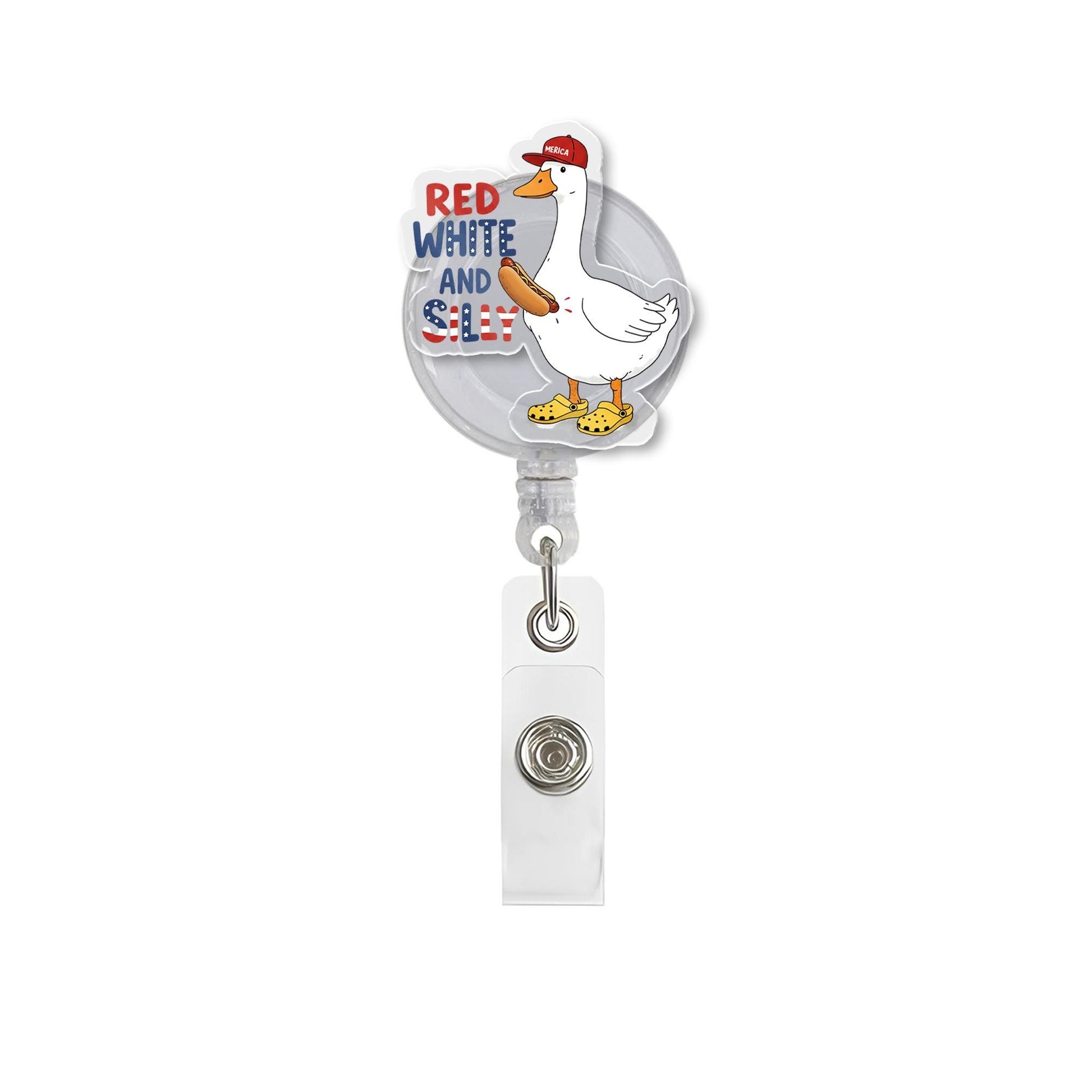 Red White and Silly Badge Reel | Funny Patriotic ID Clip | 4th of July Work Accessory | USA Retractable Badge Holder Gift